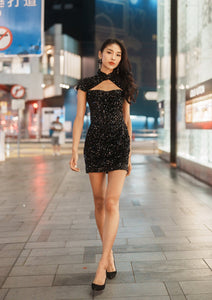 Black Spring Sequinned Cut Out Qipao