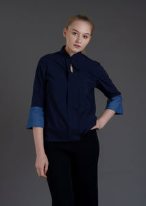 Signature Mandarin Blouse with Jade (Dark Blue/ Denim)