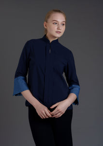 Signature Mandarin Blouse with Jade (Dark Blue/ Denim)