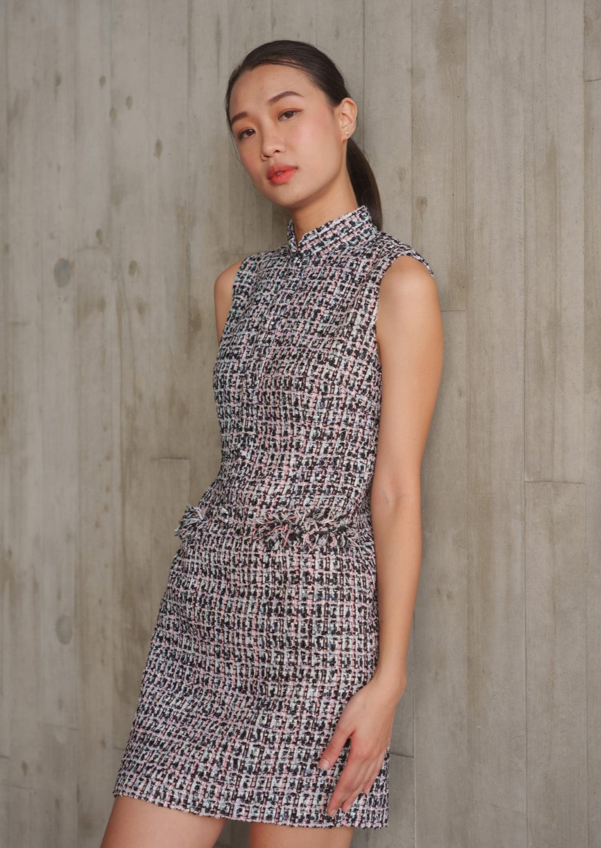 Tweed Halter Mini Qipao Dress (Black/ Multi)