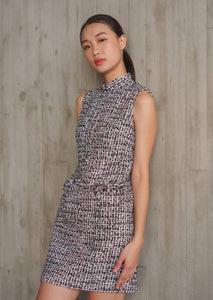 Tweed Halter Mini Qipao Dress (Black/ Multi)