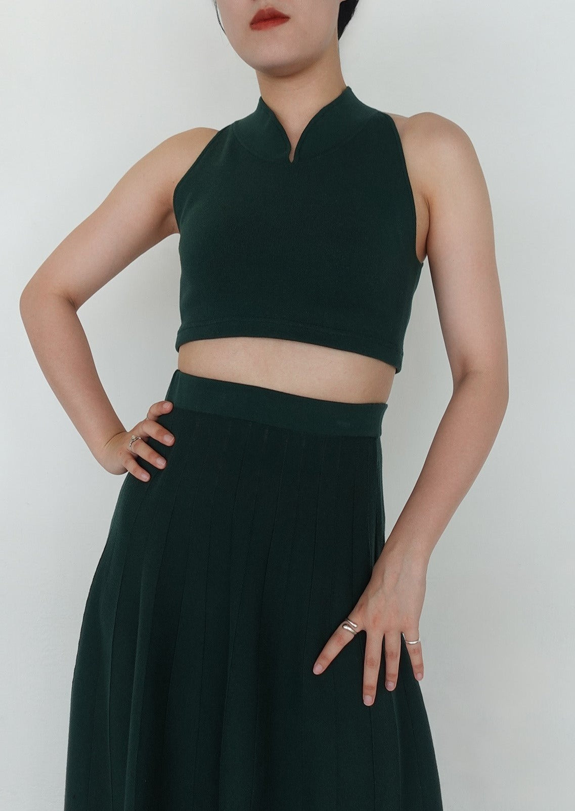 Halter Knitted Qipao Co-ord Set (Forest Green)