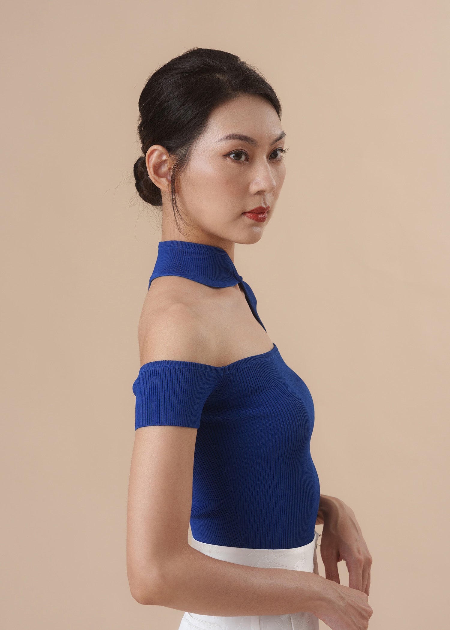 Knitted Cut Out Qipao Top (Cobalt Blue)