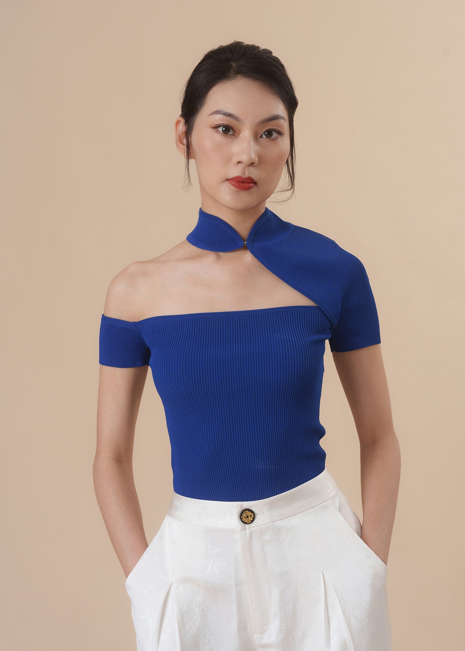 Knitted Cut Out Qipao Top (Cobalt Blue)