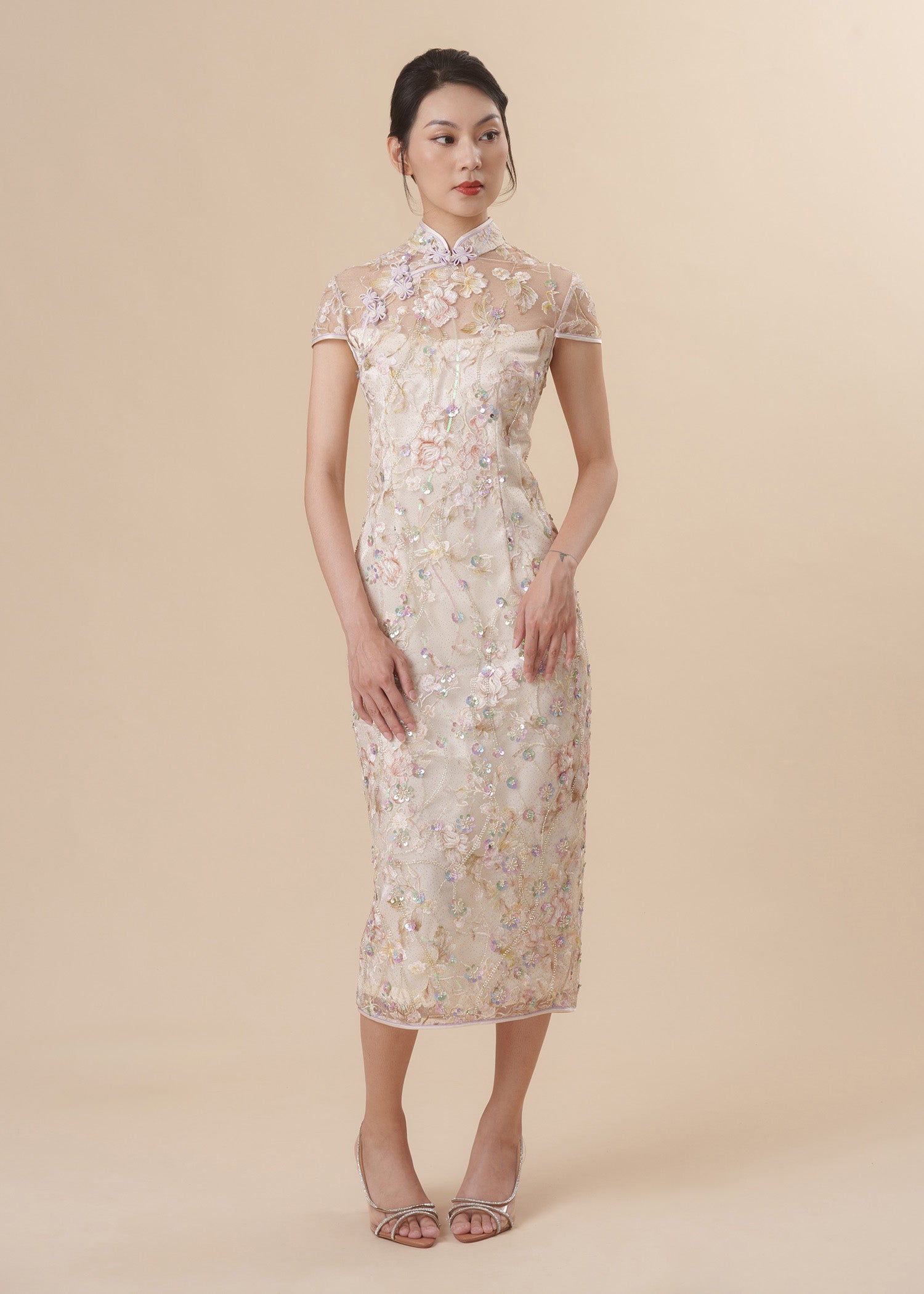 Cap Sleeves Oriental Lace Qipao (Yellow/ Purple)