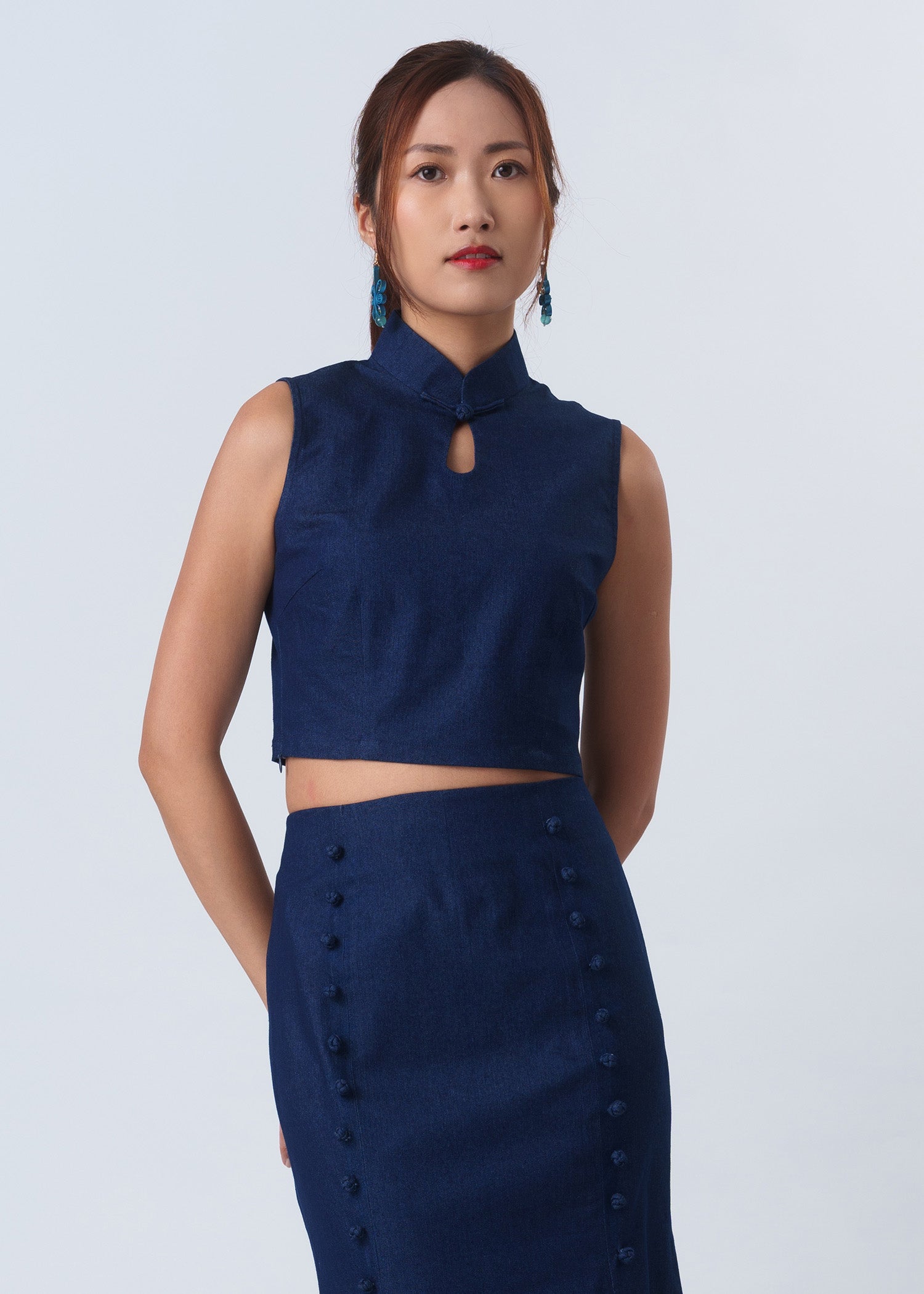 Sleeveless Denim Qipao Top (Denim Blue)