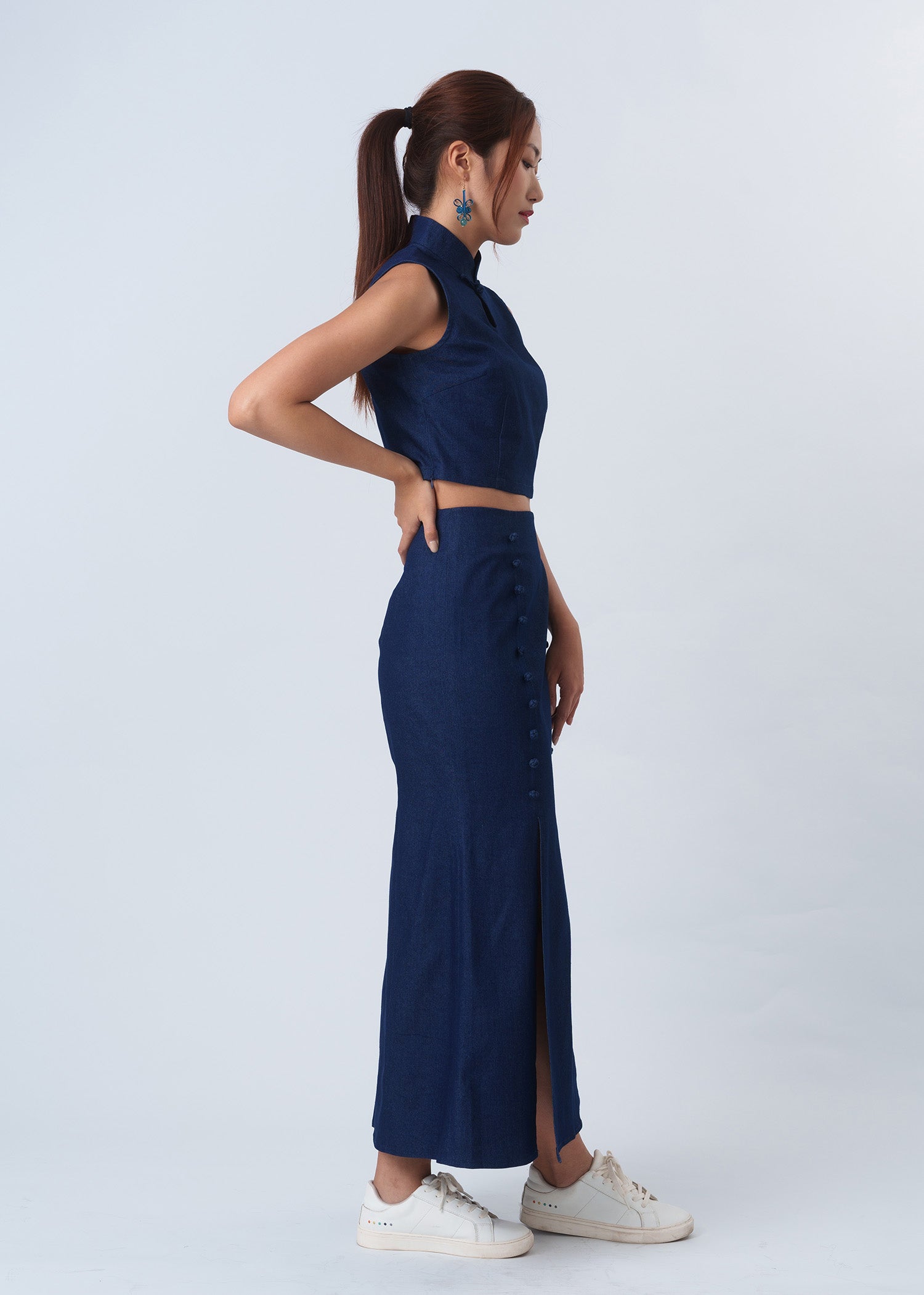 Maxi Denim Skirt w Two Front Slits (Denim)