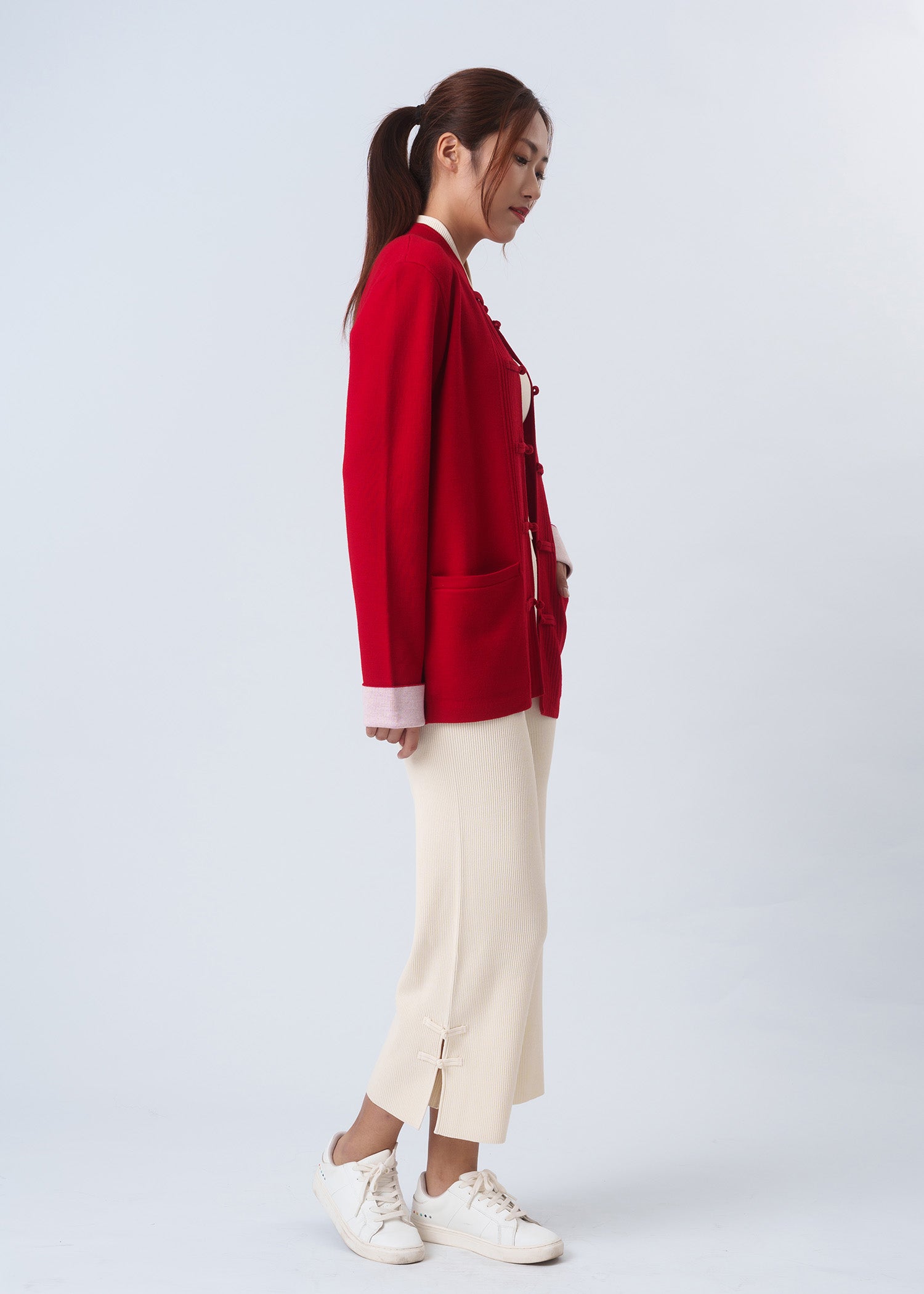 Bicolor Knitted Tang Jacket (Red/ Off White)