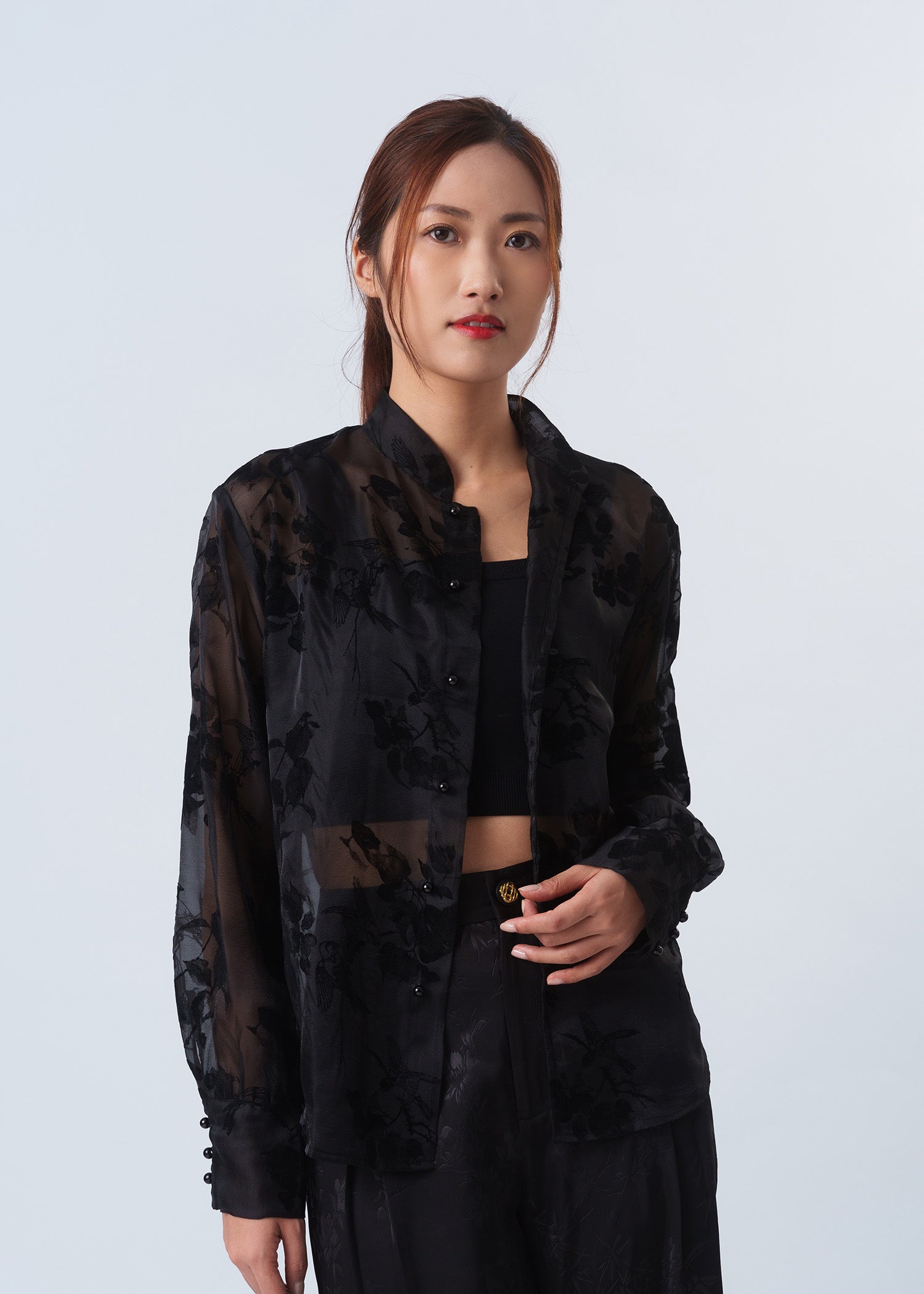 Floral Print Sheer Tang Shirt (Black)