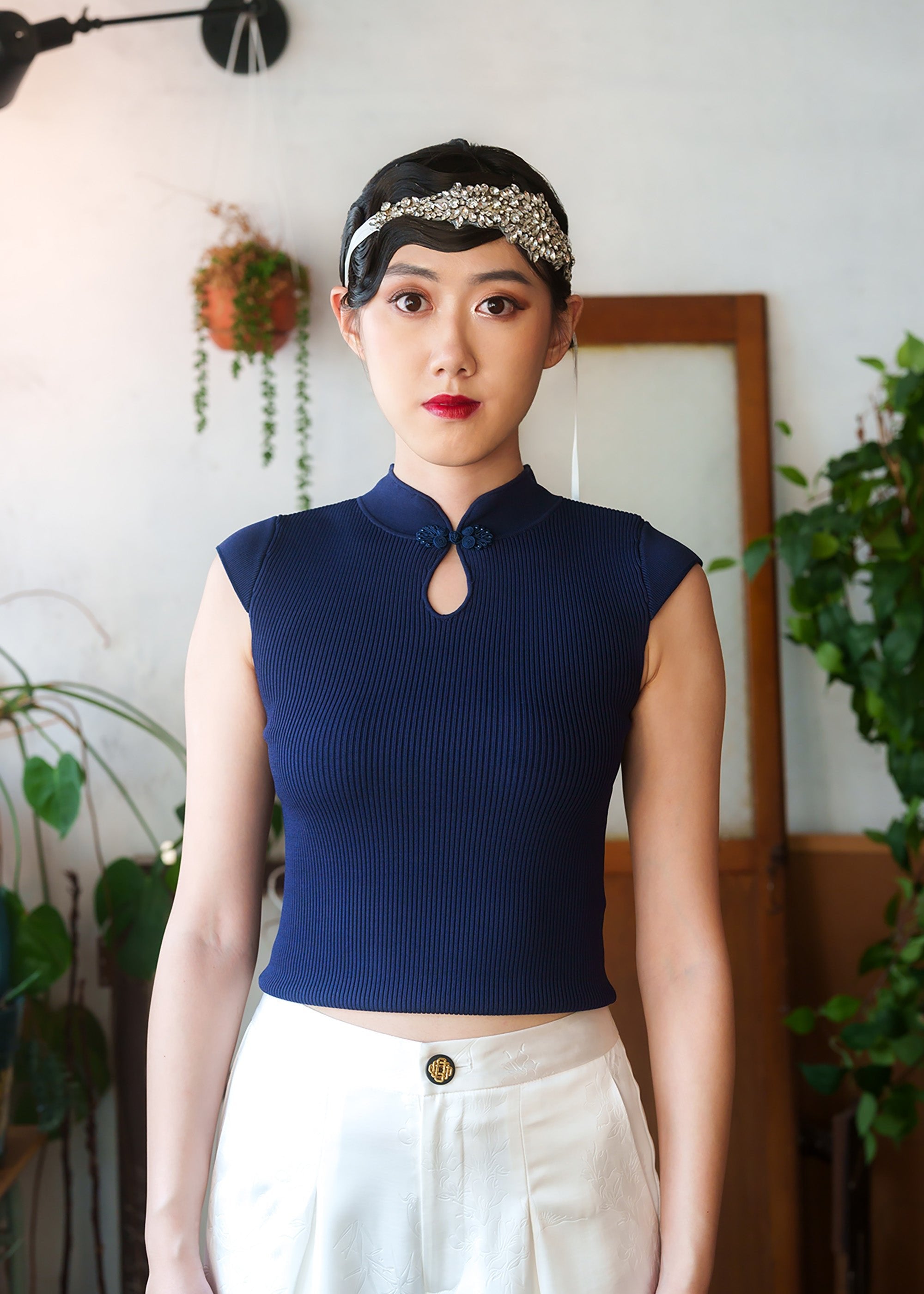 Cap Sleeve Knitted Keyhole Top (Dark Blue)