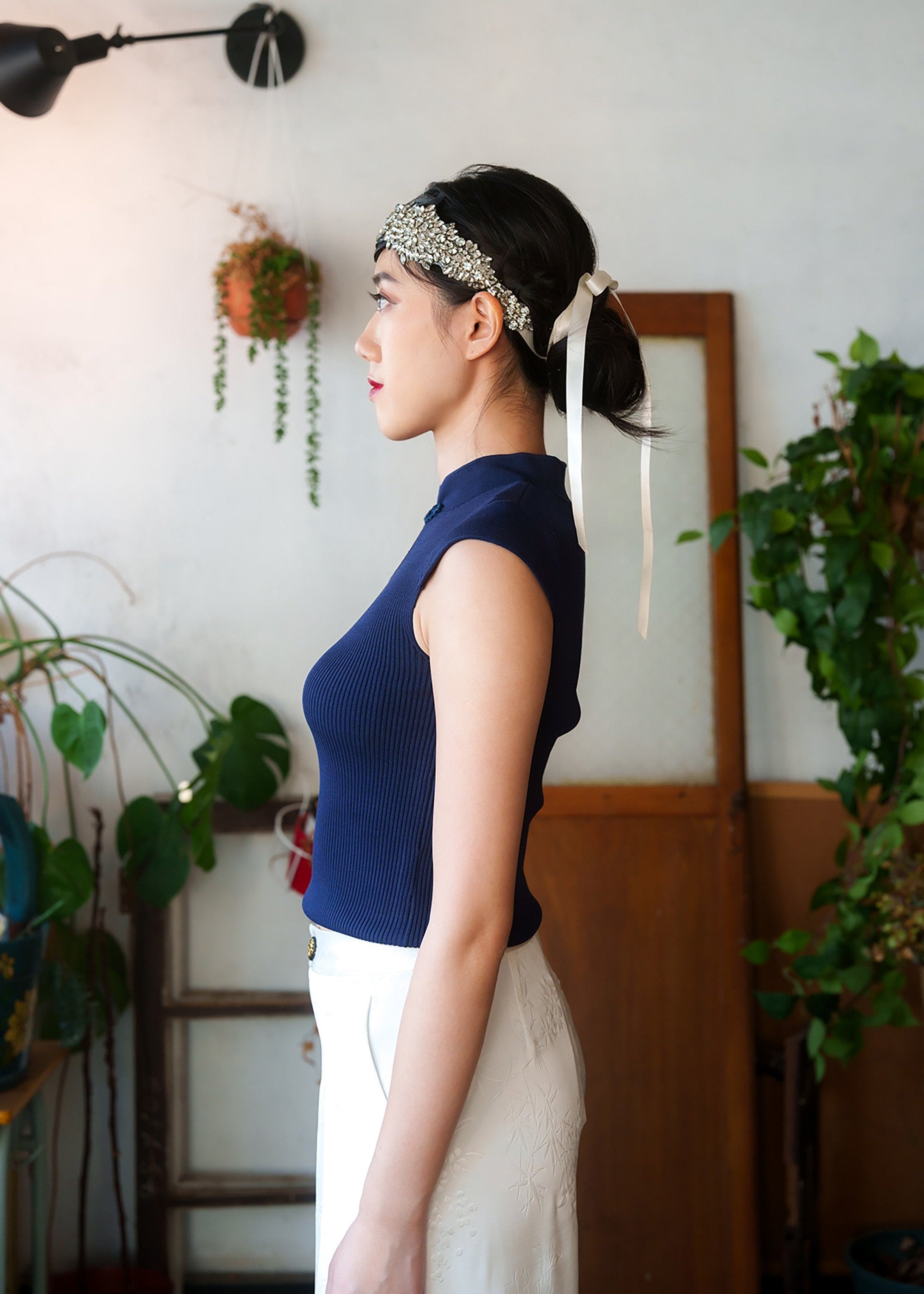 Cap Sleeve Knitted Keyhole Top (Dark Blue)