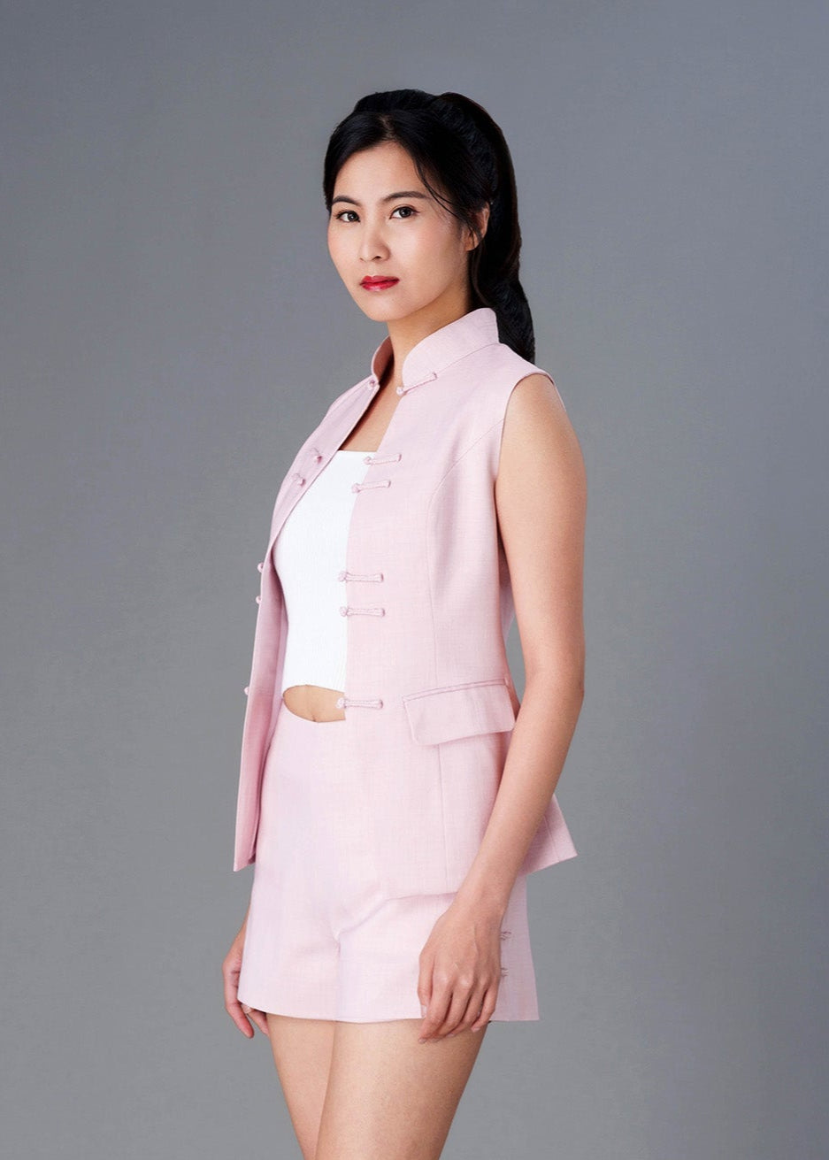 Fitted Linen Oriental Vest (Soft Pink)