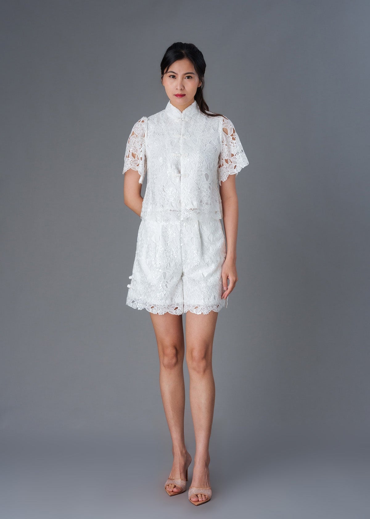Sequinned Lace Qipao Top (White)