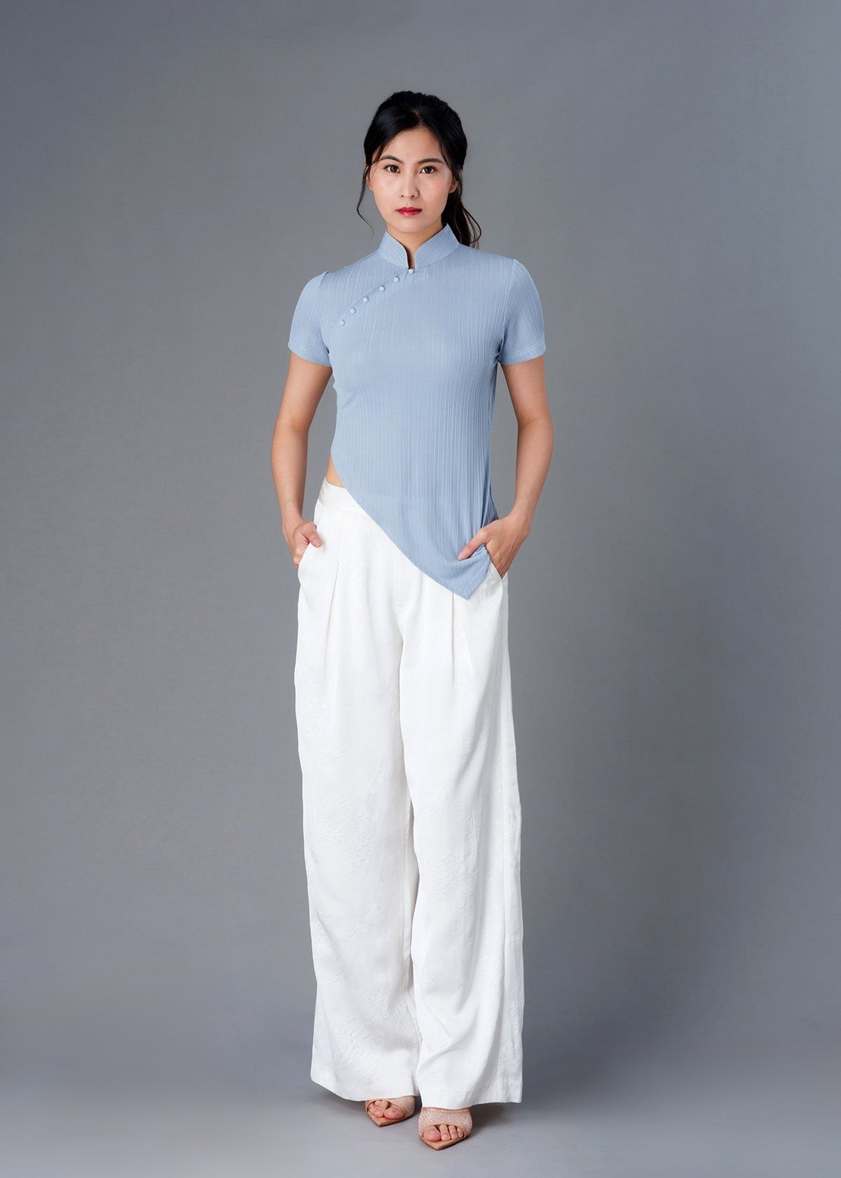 Asymmetric Qipao Top (Misty Blue)