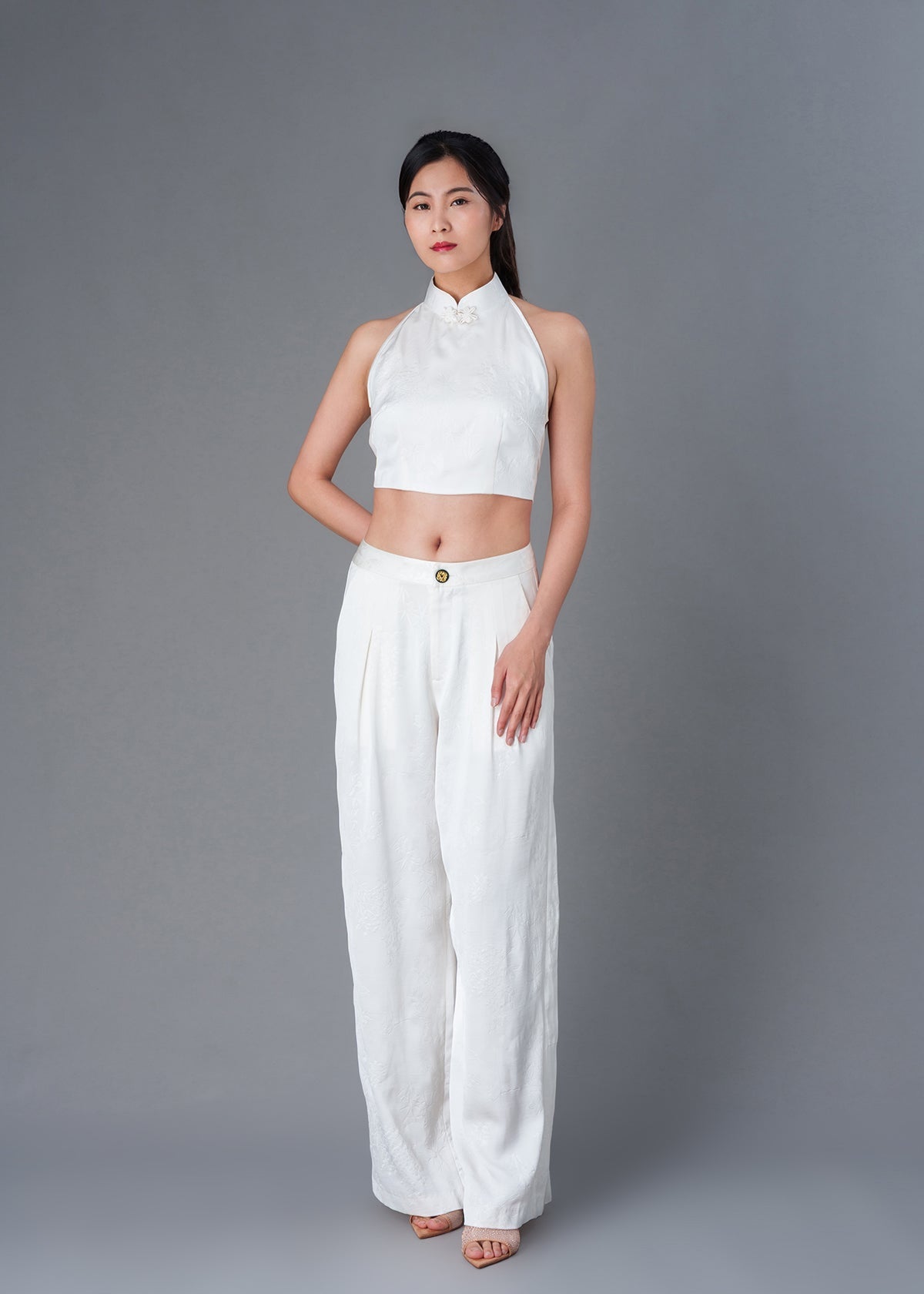 Halter Satin Tie Back Qipao Top (Bamboo White)