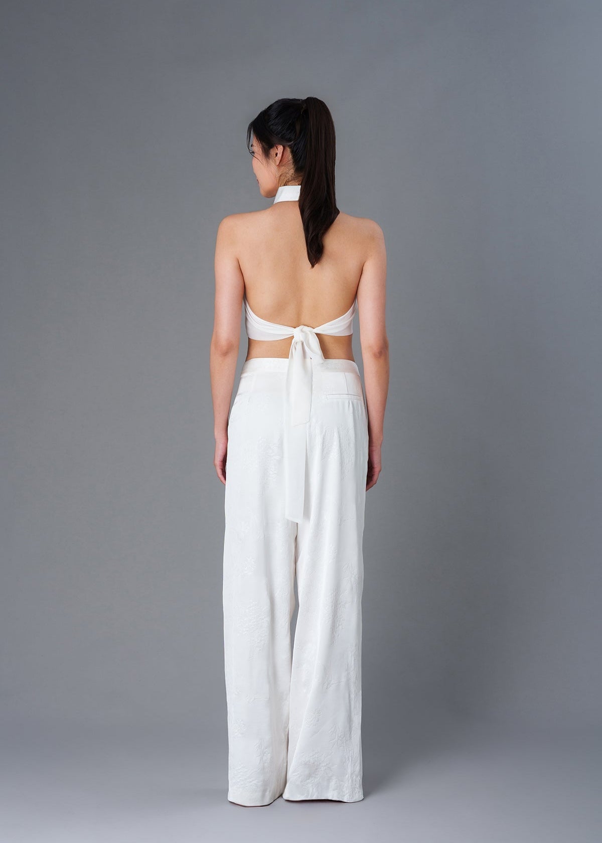 Halter Satin Tie Back Qipao Top (Bamboo White)