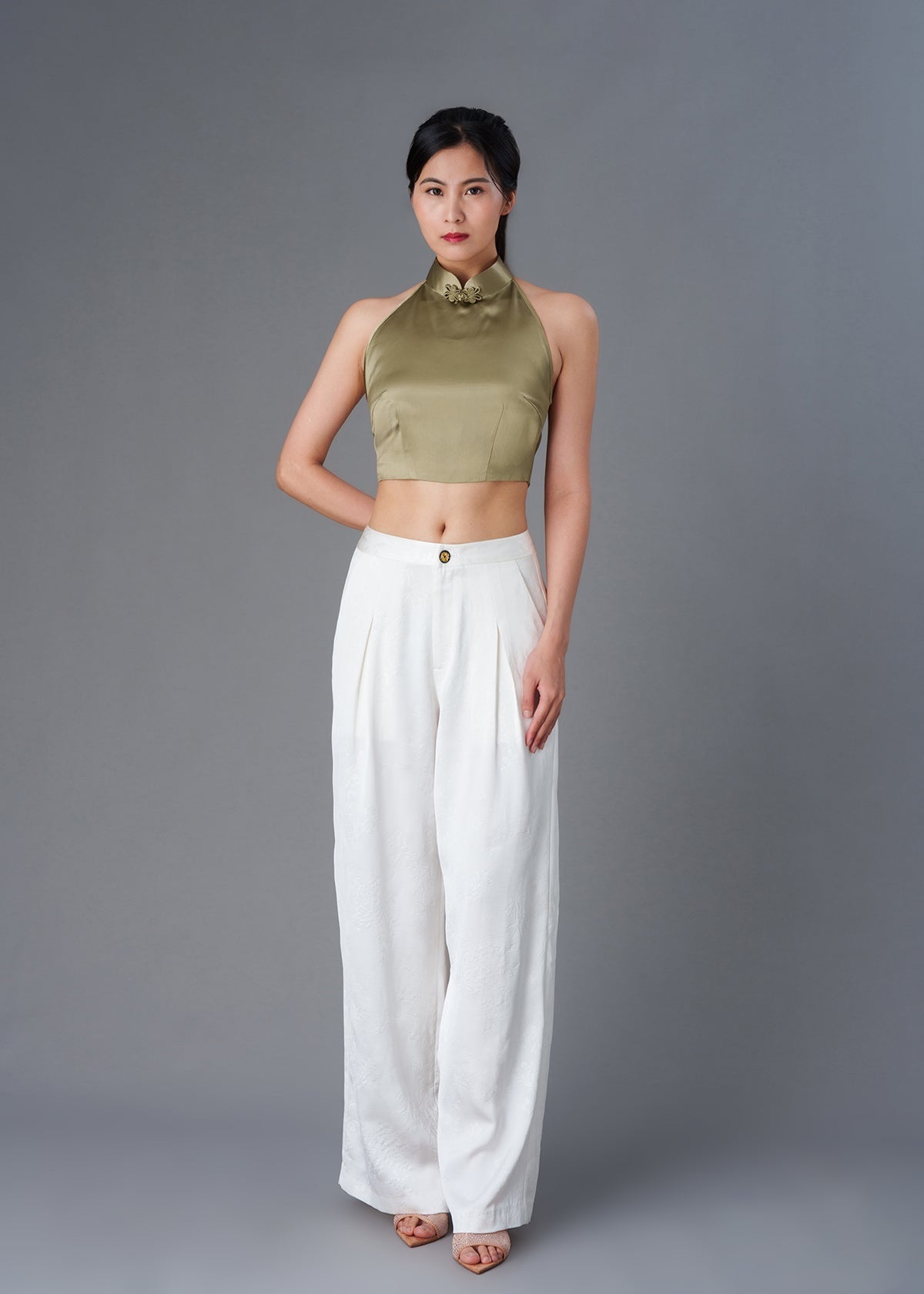 Halter Satin Tie Back Qipao Top (Green)