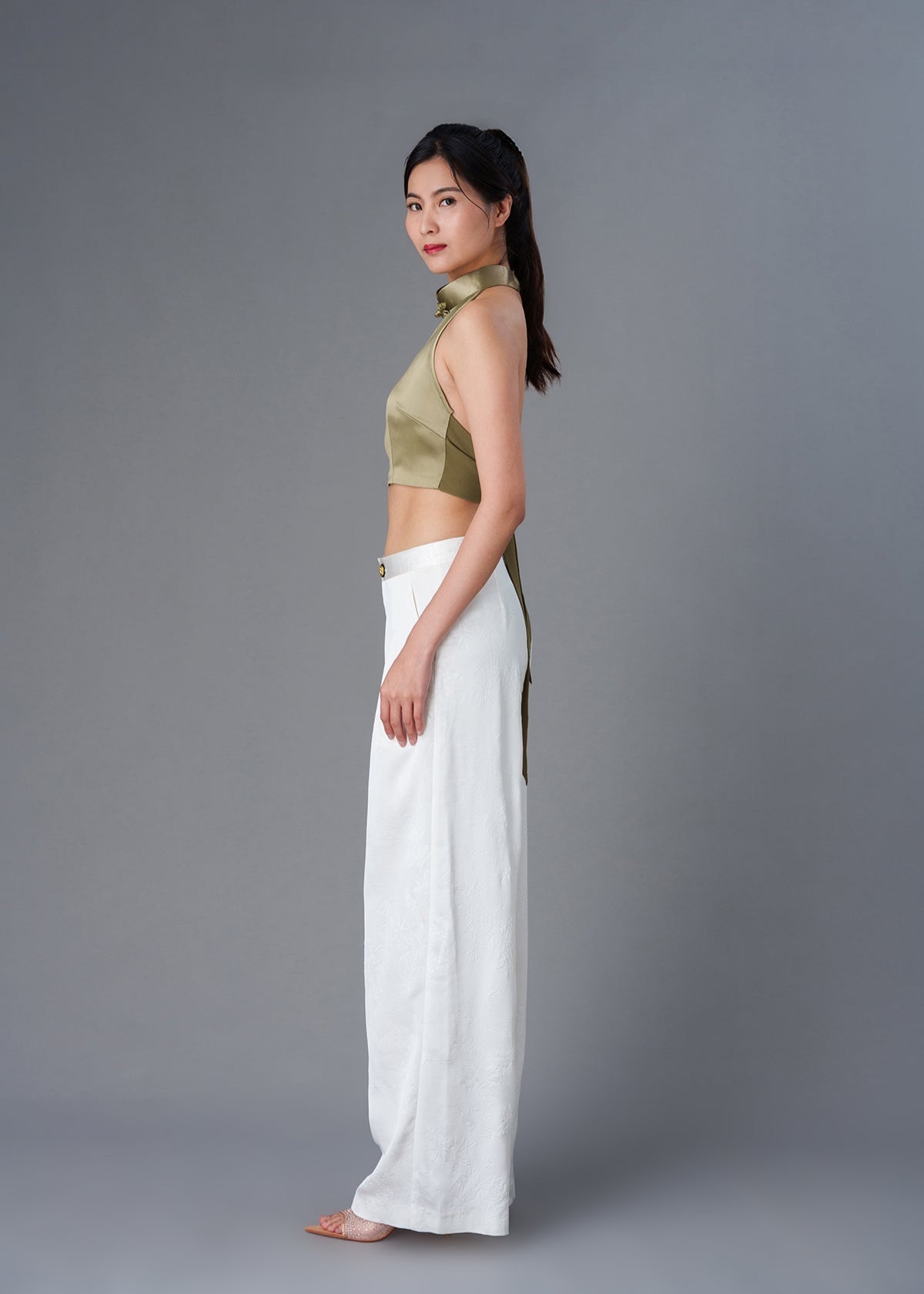 Halter Satin Tie Back Qipao Top (Green)