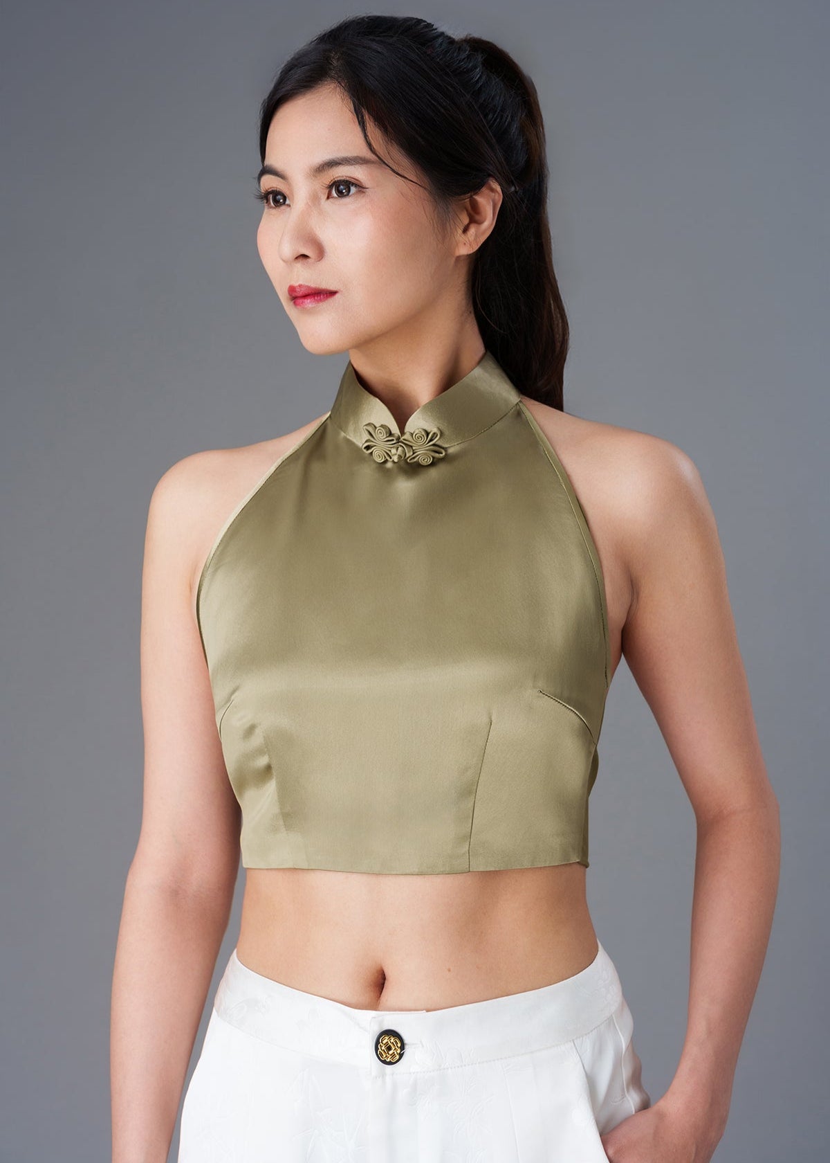 Halter Satin Tie Back Qipao Top (Green)