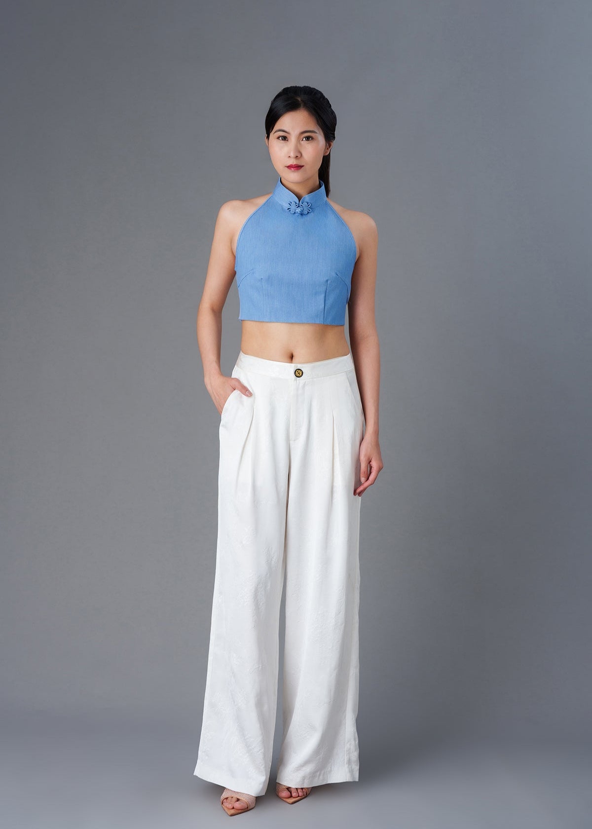 Halter Denim Tie Back Qipao Top (Denim Blue)