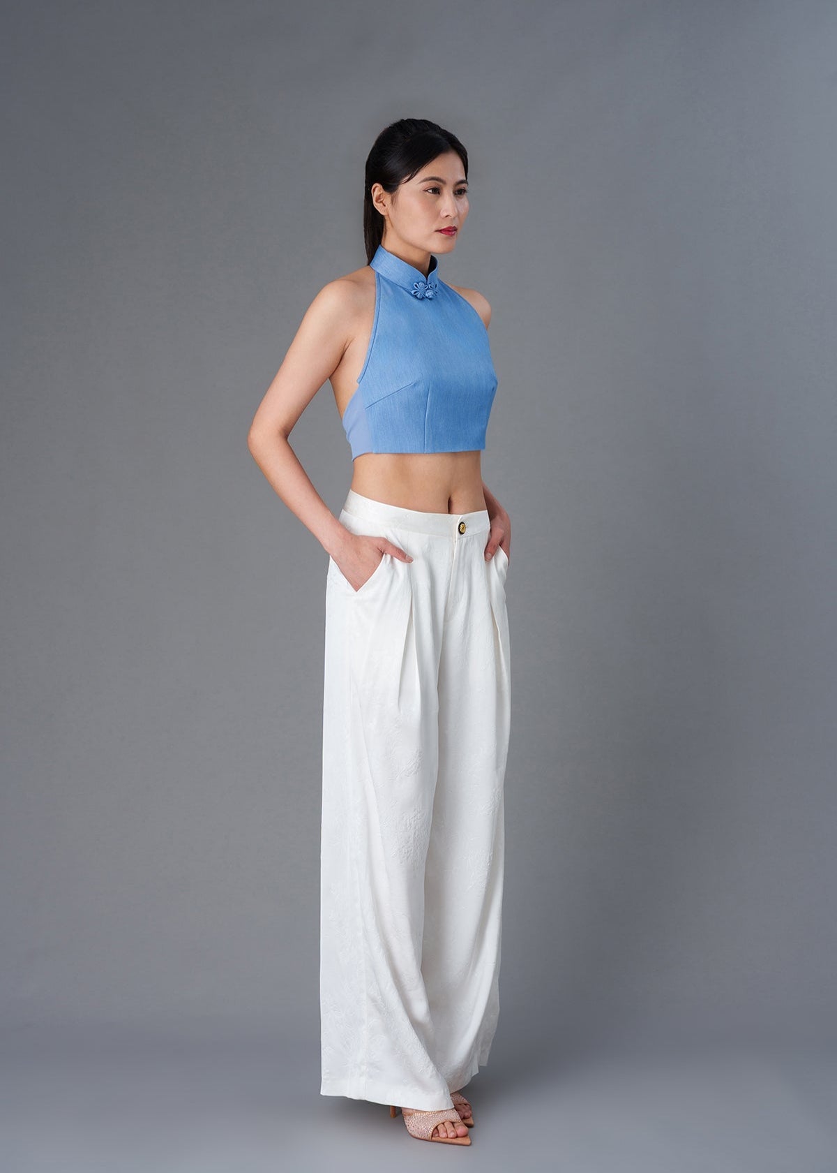 Halter Denim Tie Back Qipao Top (Denim Blue)