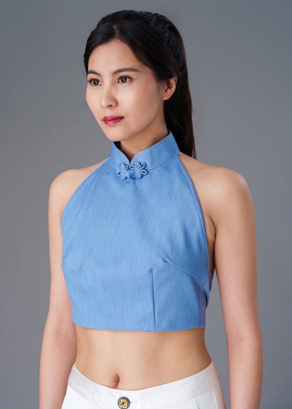 Halter Denim Tie Back Qipao Top (Denim Blue)
