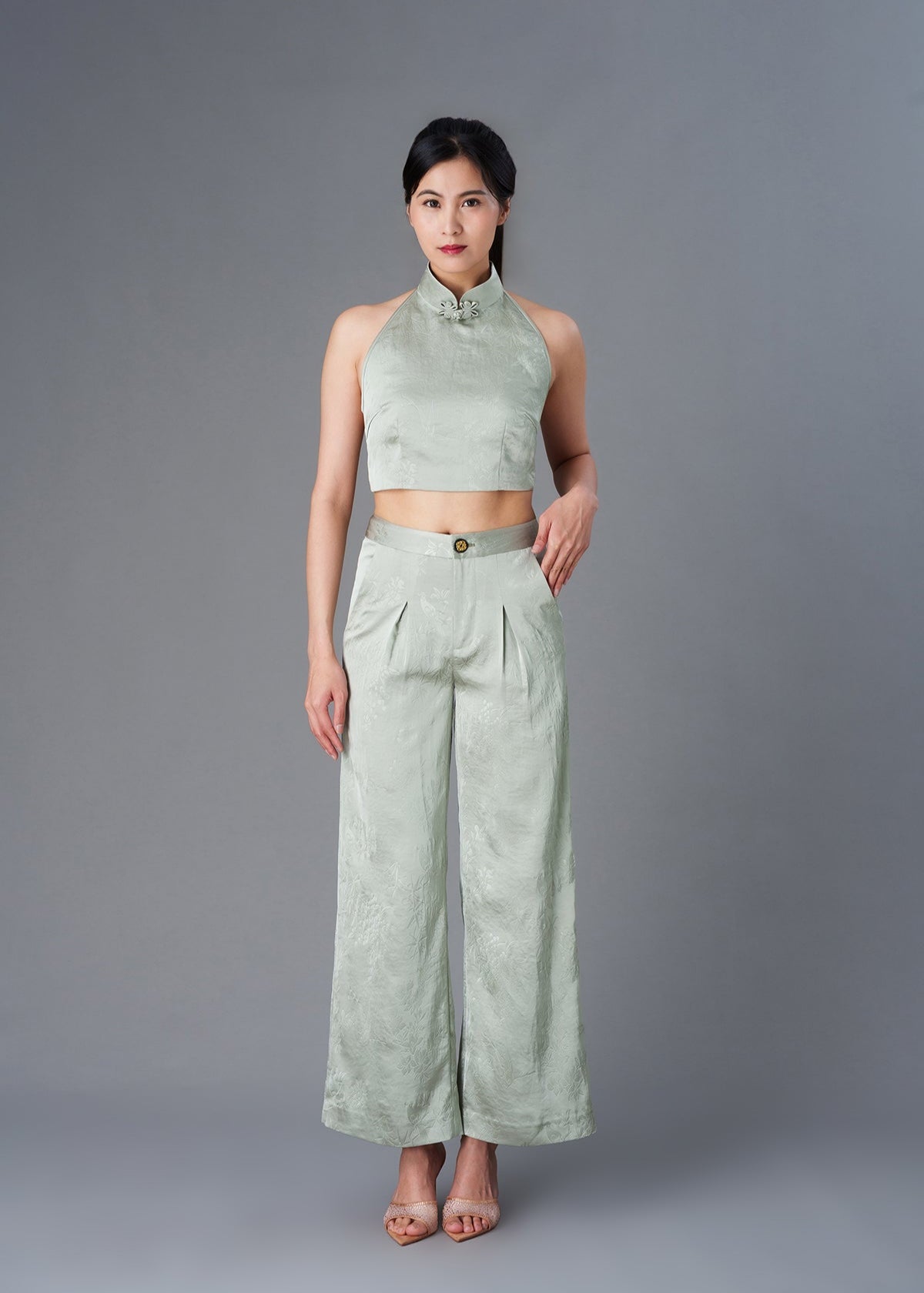 Halter Satin Tie Back Qipao Top (Bamboo Green)