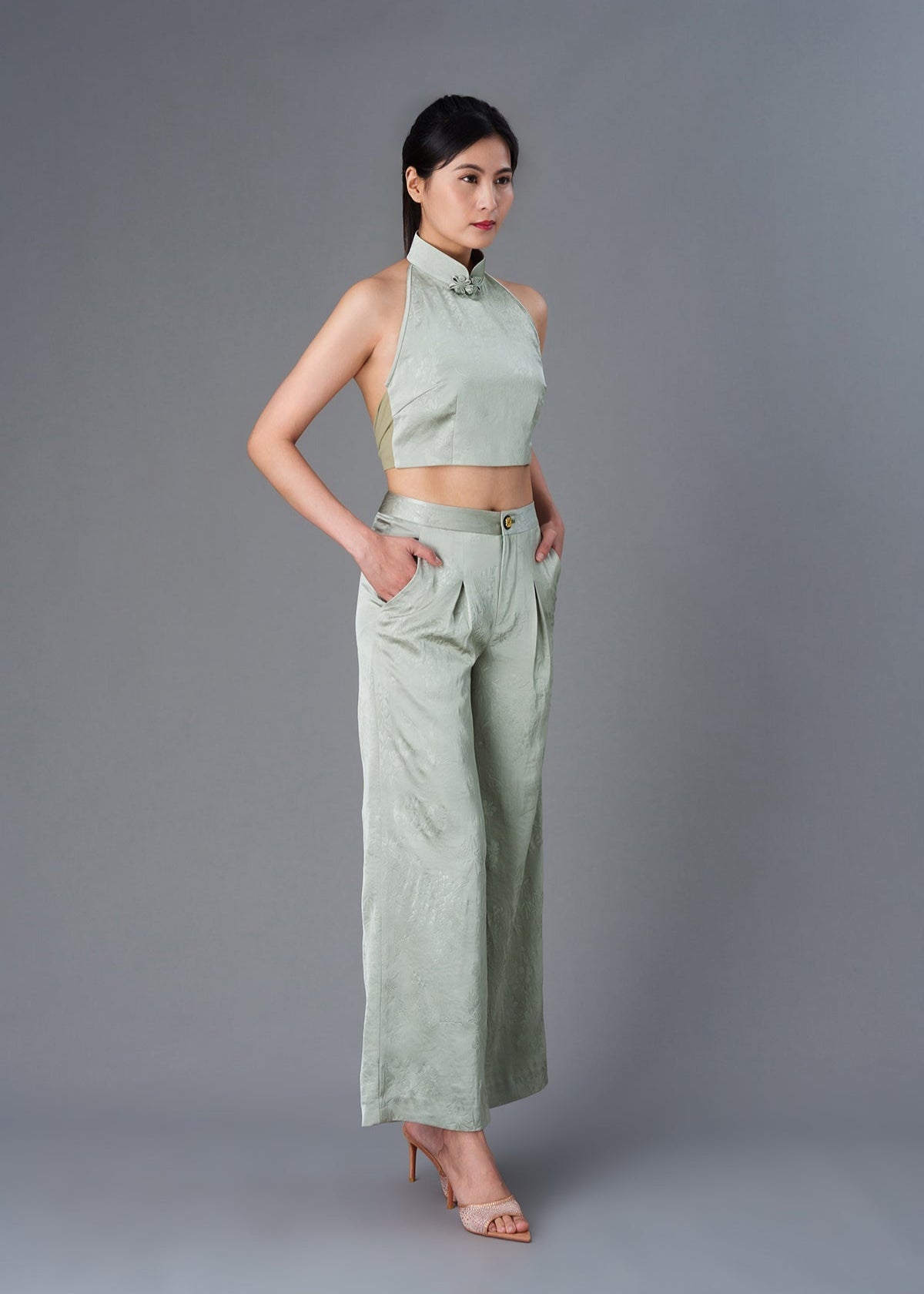 Halter Satin Tie Back Qipao Top (Bamboo Green)