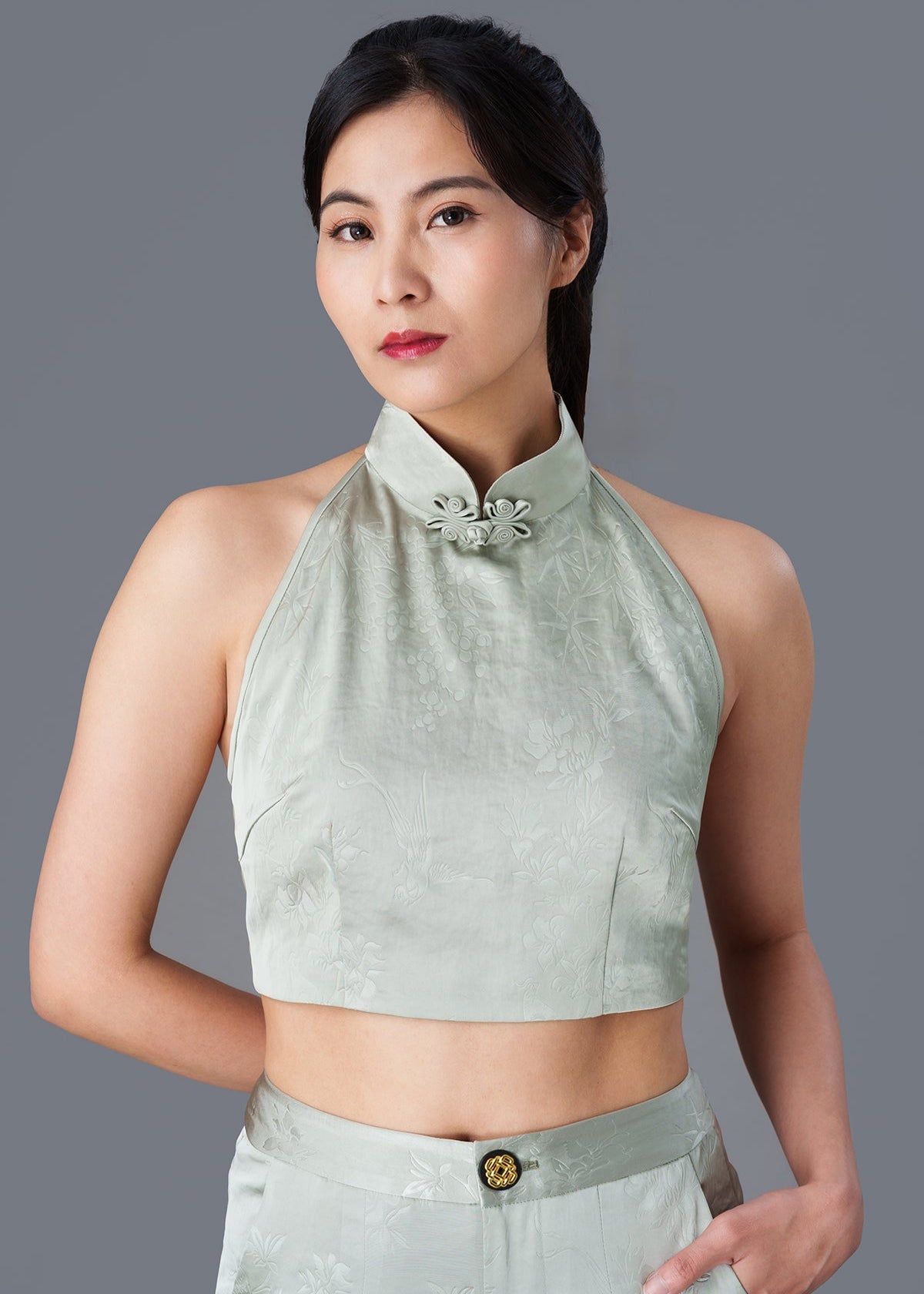 Halter Satin Tie Back Qipao Top (Bamboo Green)