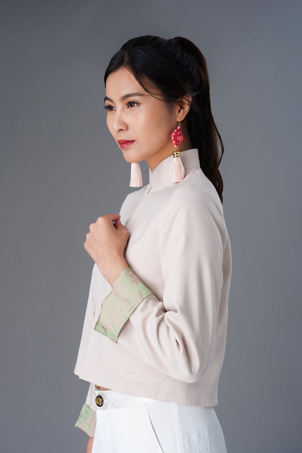 短款亞麻唐裝外套 (米色/ 綠色)