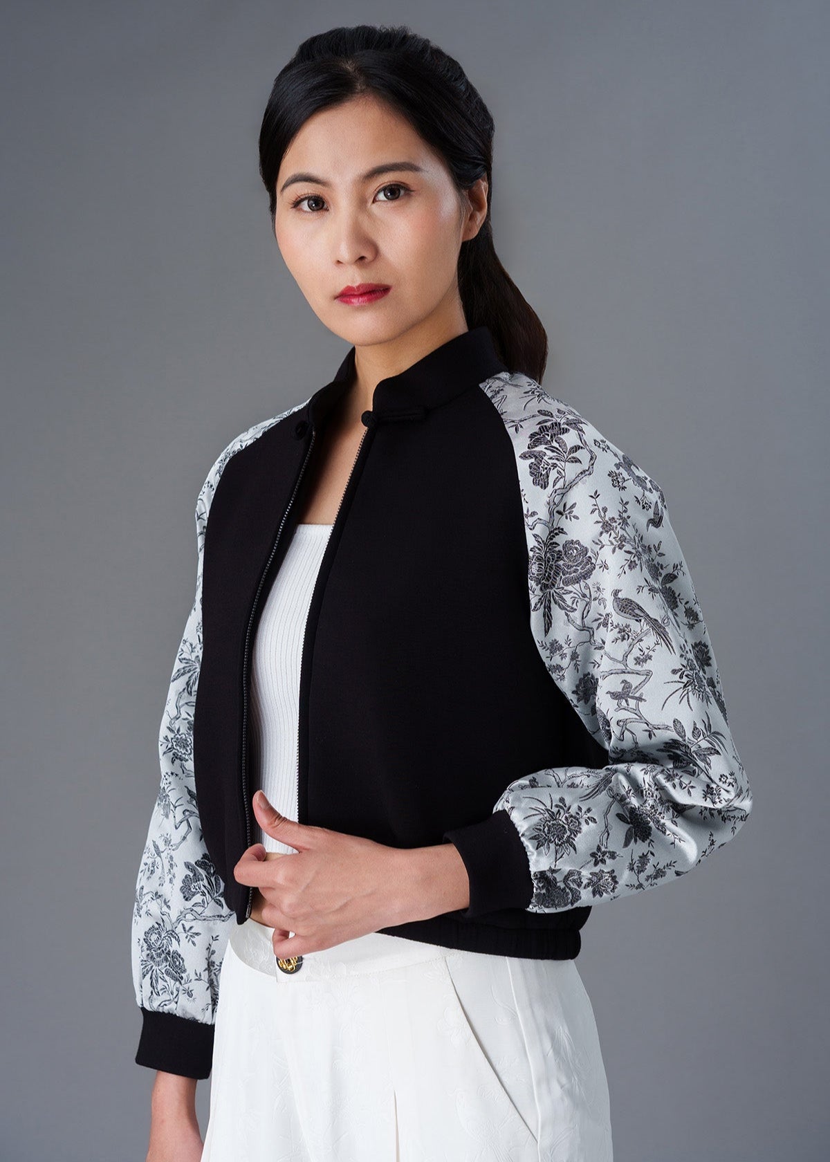 Love In Mist Cropped Bomber Jacket (Black/ Silver)