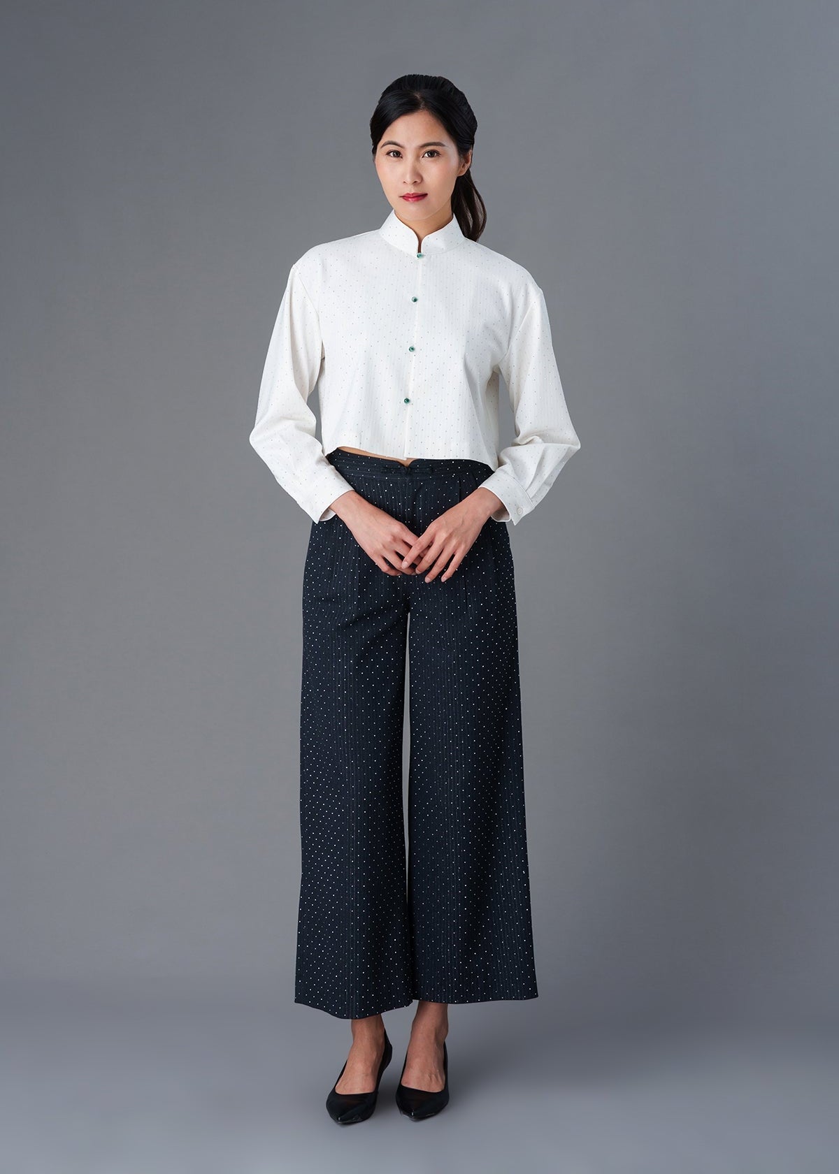 Long Sleeve Qipao Top with Jade (Off White)