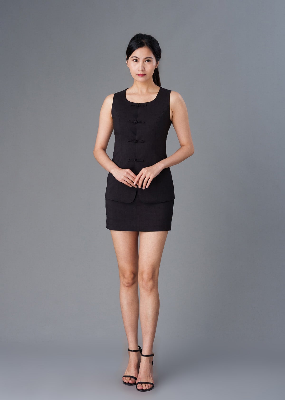 Oriental Vest and Mini Skirt Set with Pankou (Black)