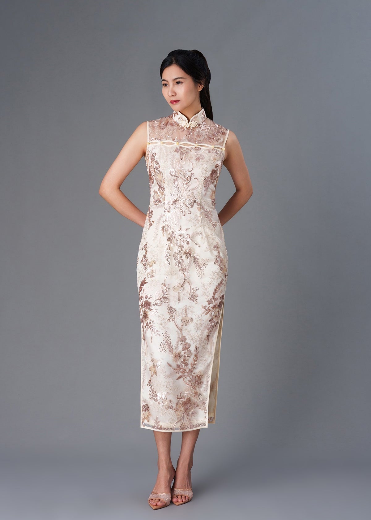 Lace Sparkle Qipao with Cut Outs (Champagne)