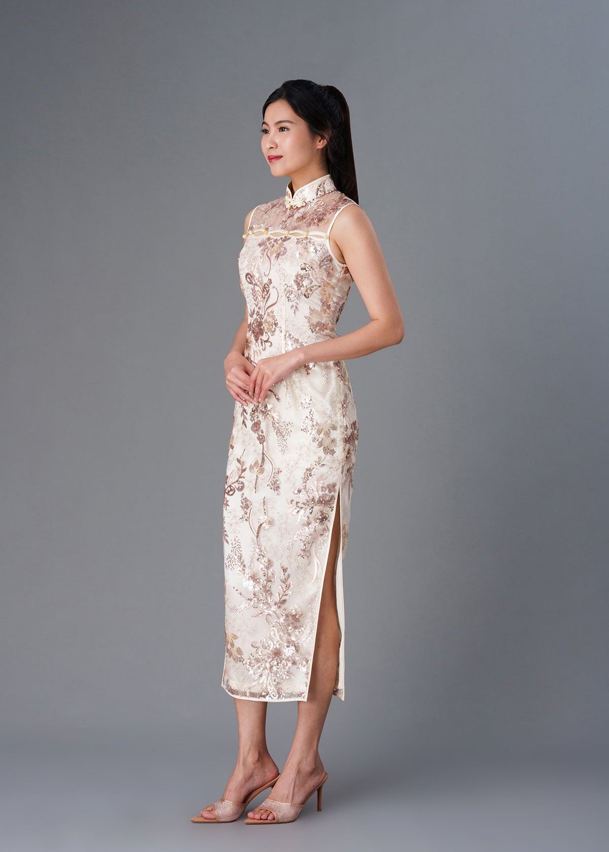 Lace Sparkle Qipao with Cut Outs (Champagne)