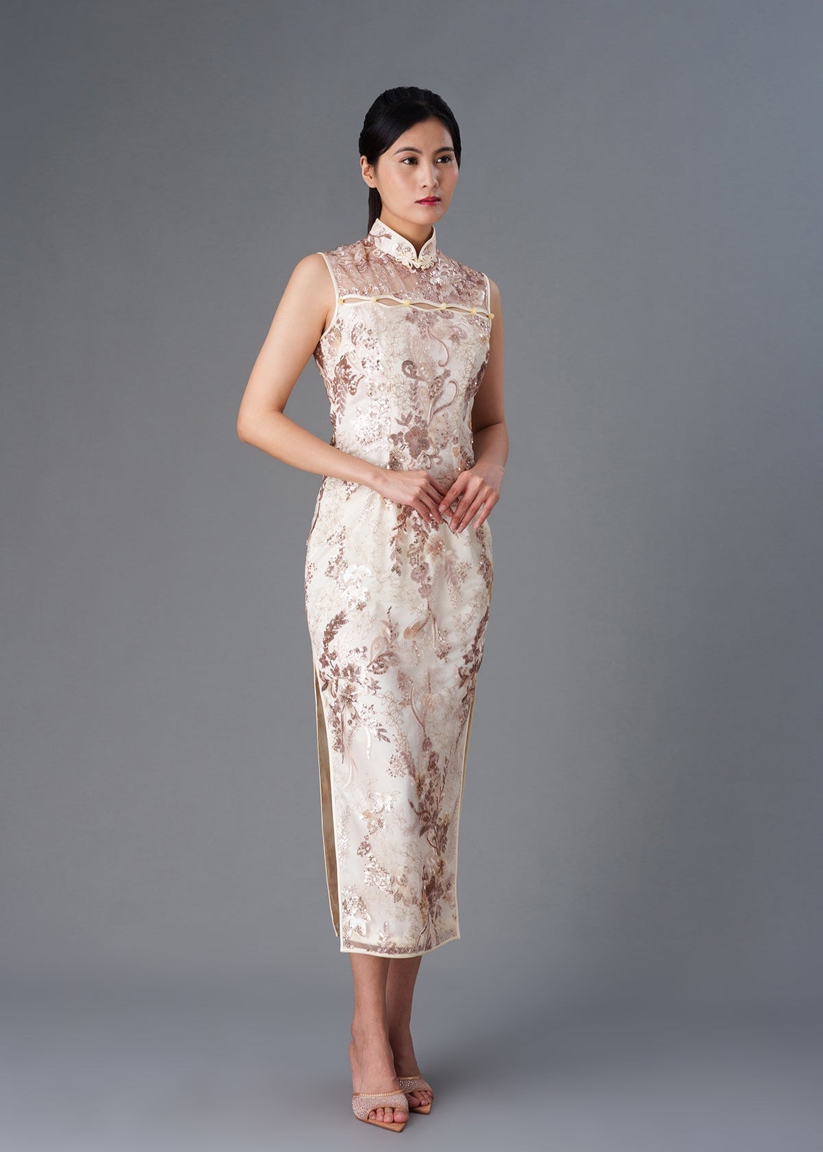 Lace Sparkle Qipao with Cut Outs (Champagne)