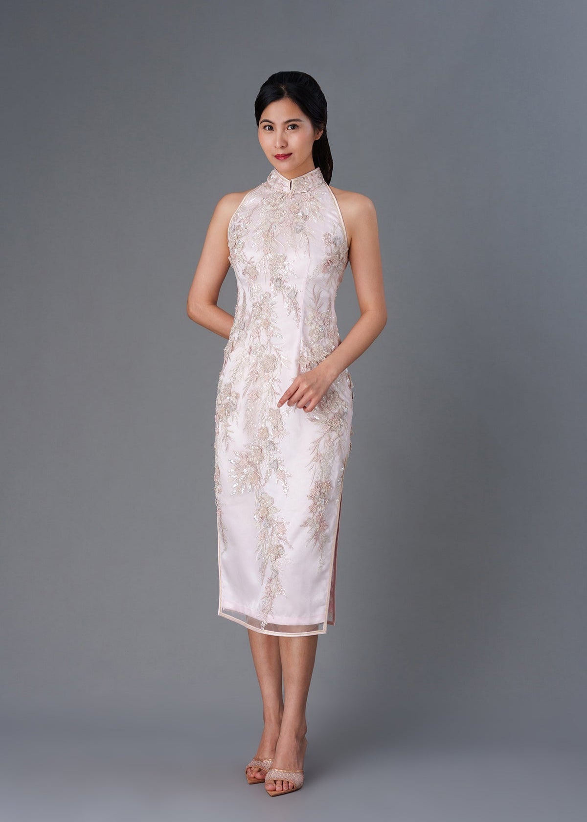 Floral Embellished Halter Qipao