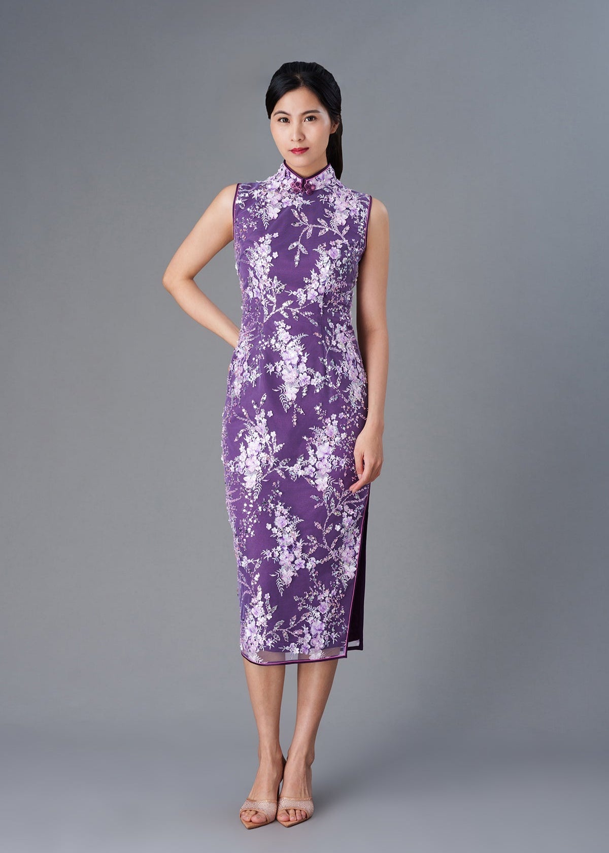 Sleeveless 3D Lace Qipao (Purple)