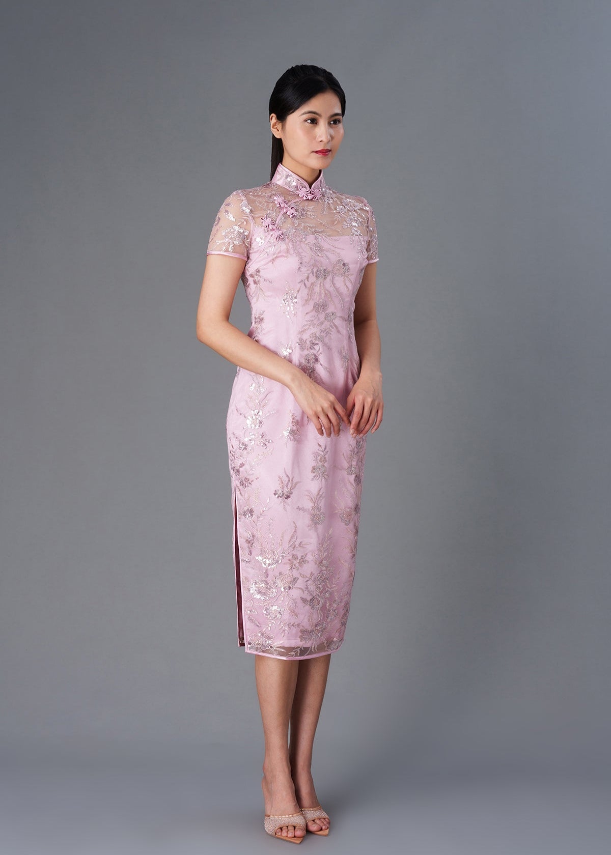 Short Sleeves Oriental Lace Qipao (Pink)