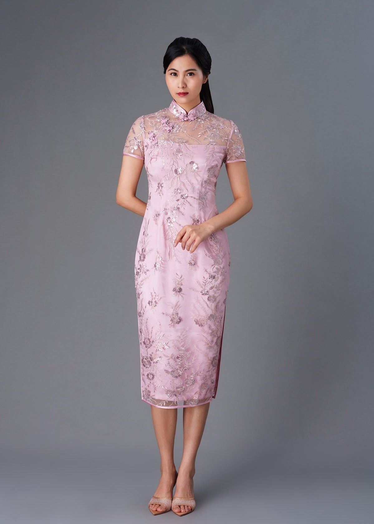 Short Sleeves Oriental Lace Qipao (Pink)