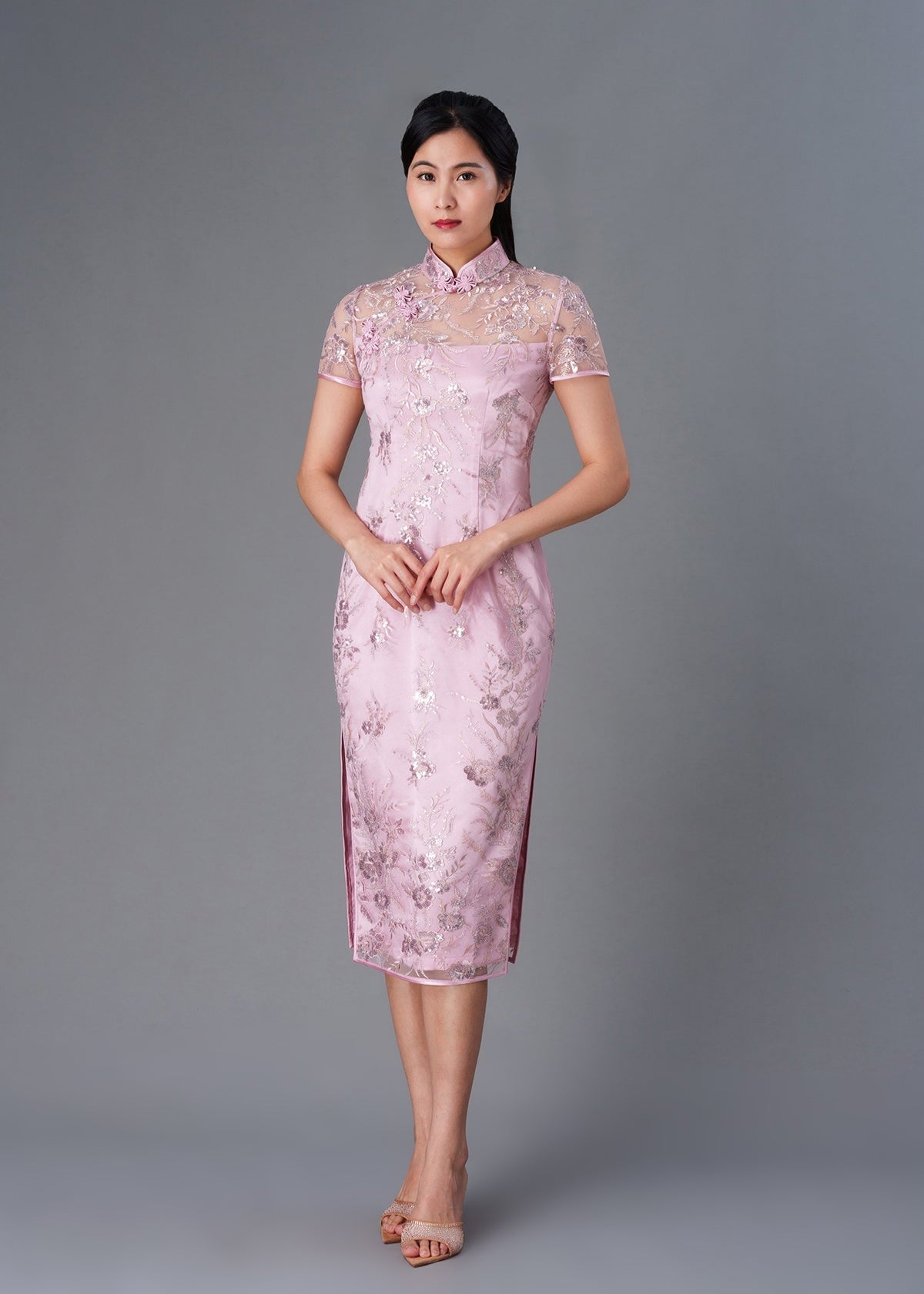 Short Sleeves Oriental Lace Qipao (Pink)