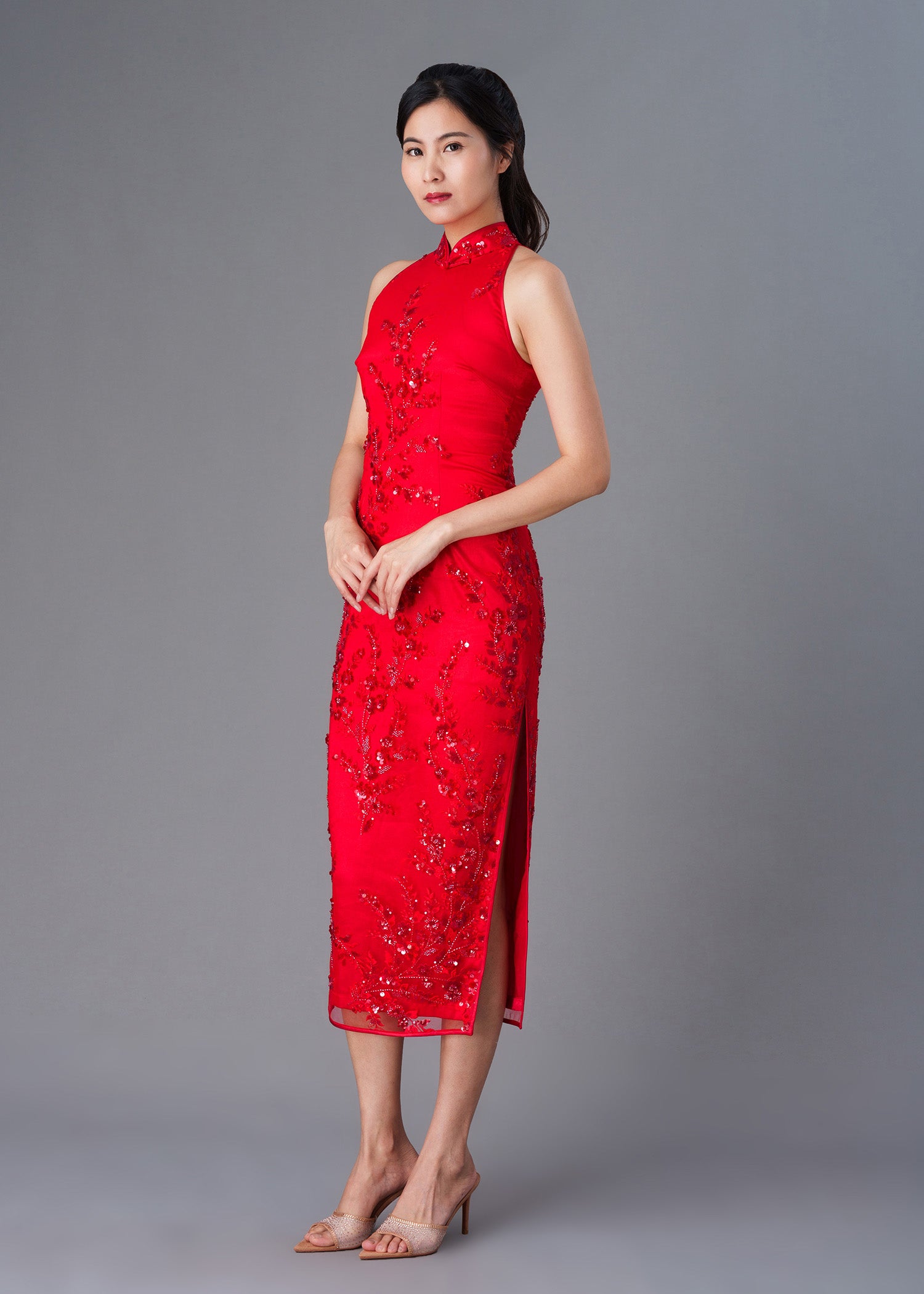 Corydalis Lace Sequin Qipao (Red) - RTW