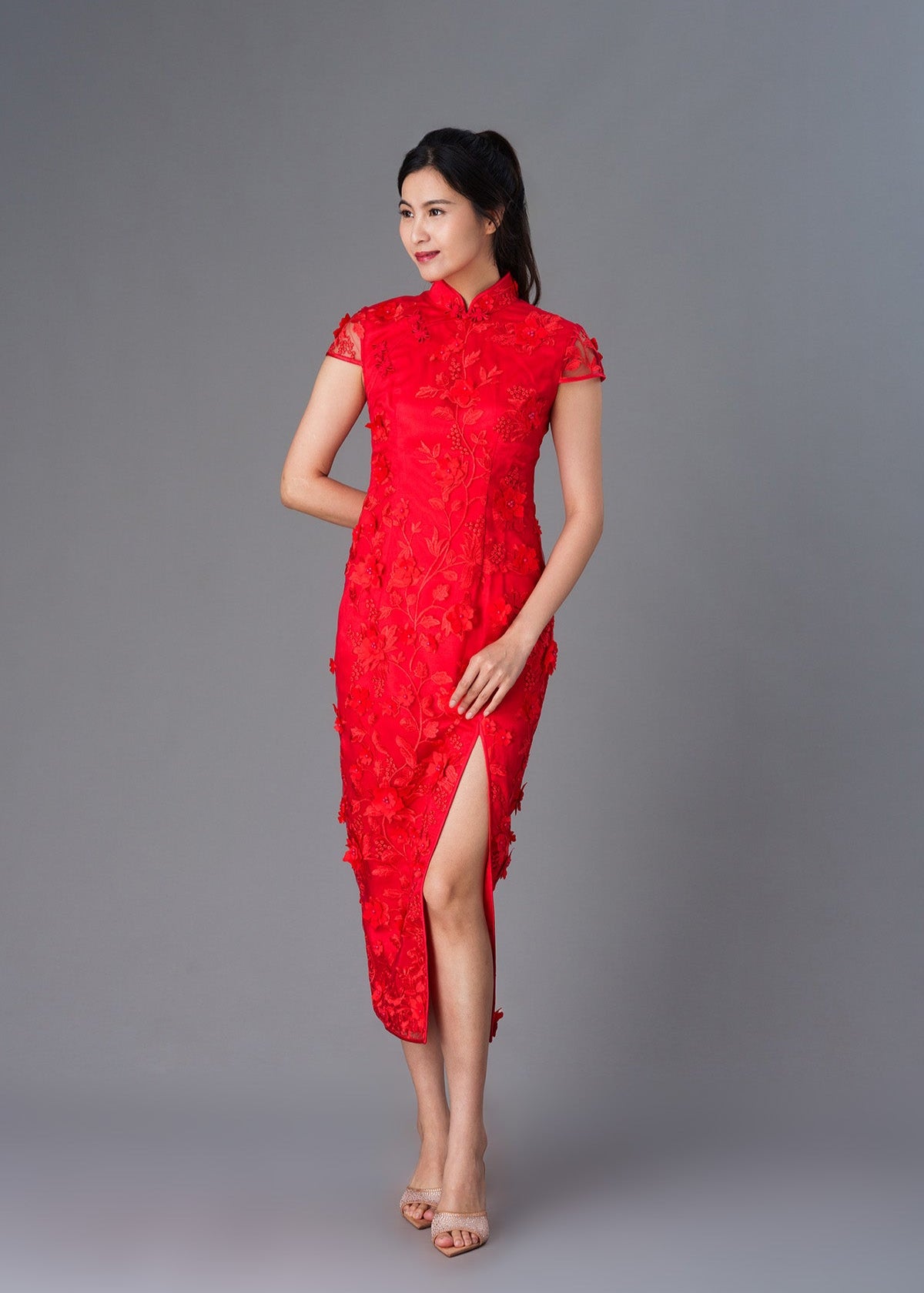 Cap Sleeves 3D Lace Qipao - RTW