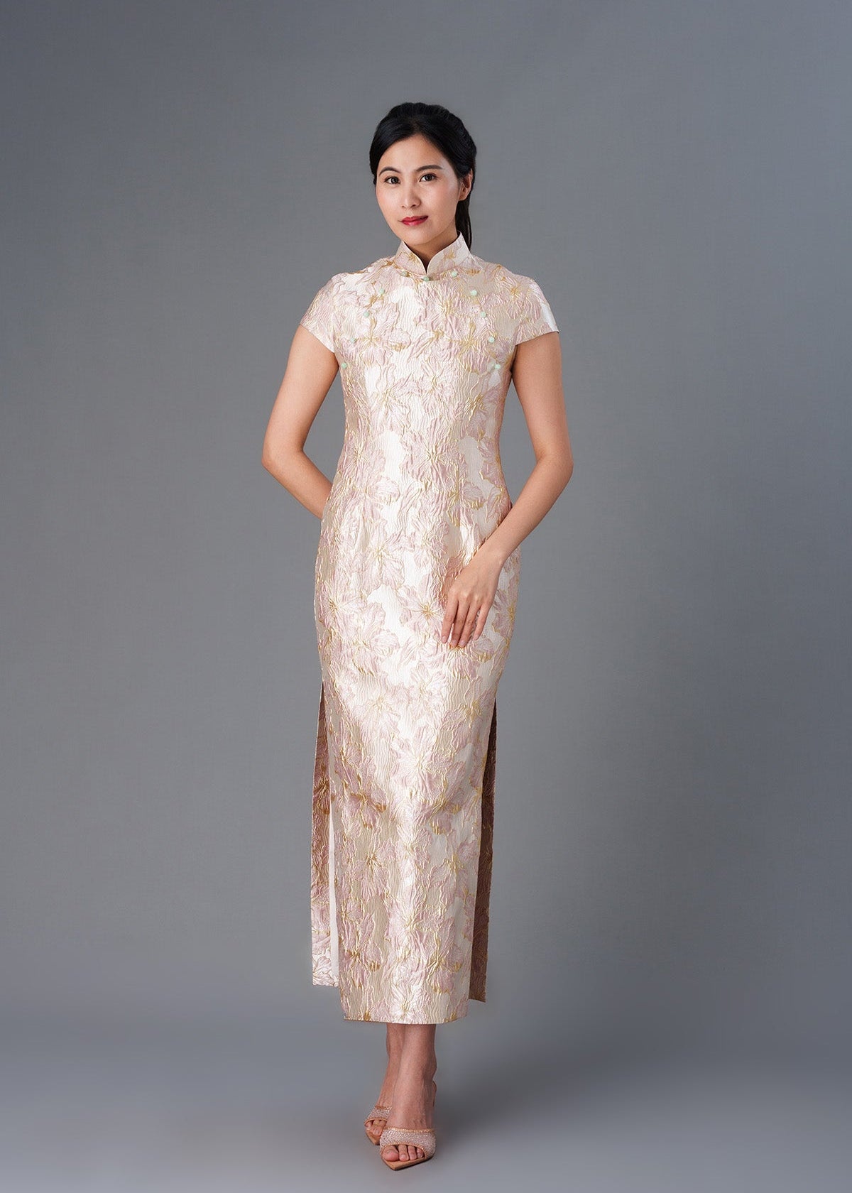 Cap Sleeve Brocade Qipao with Slits (Blush)