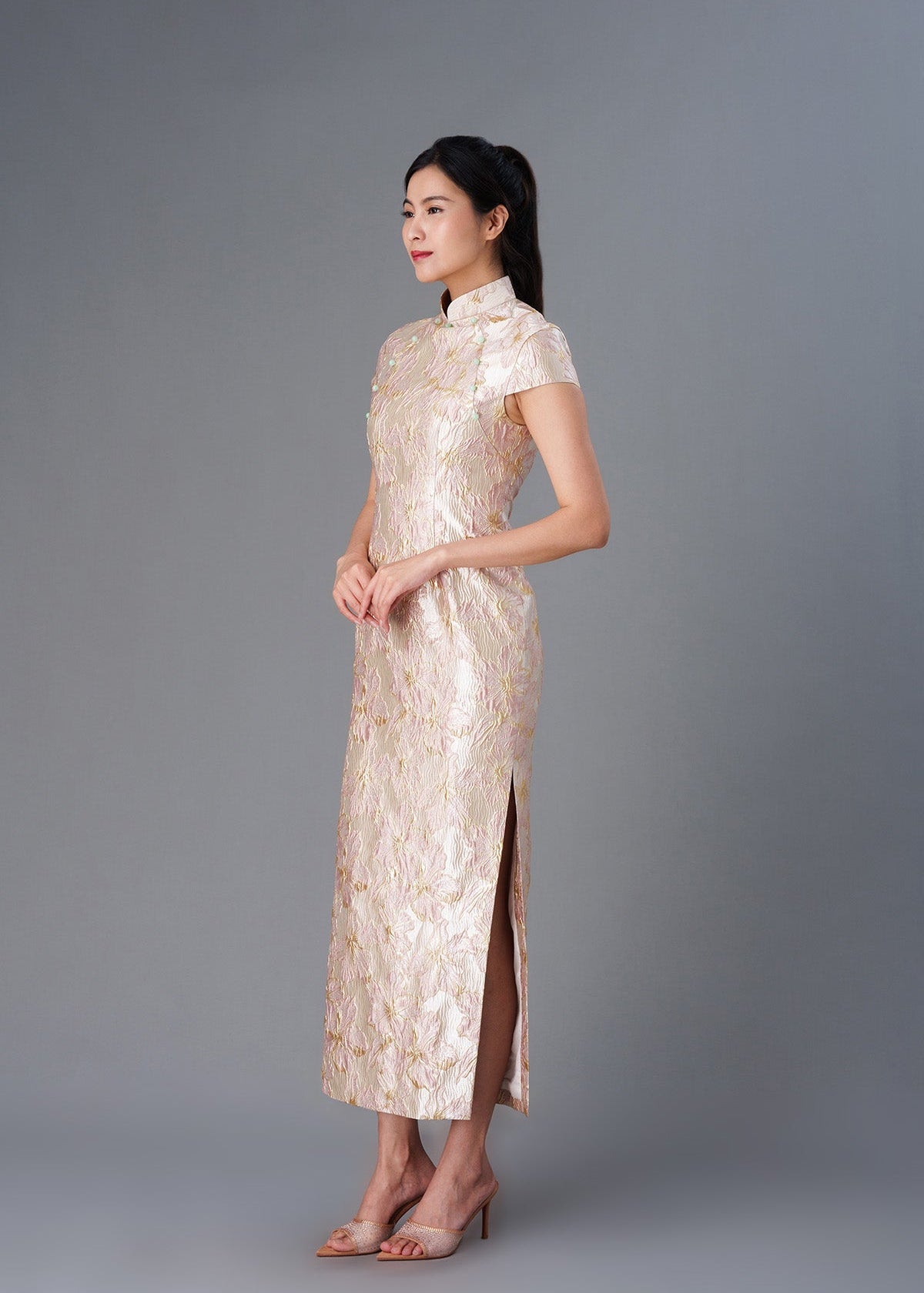 Cap Sleeve Brocade Qipao with Slits (Blush)