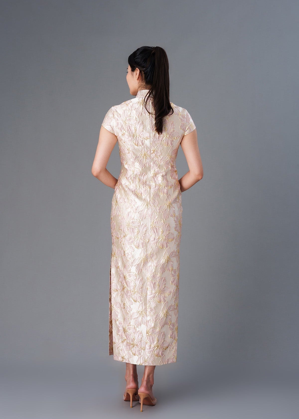 Cap Sleeve Brocade Qipao with Slits (Blush)