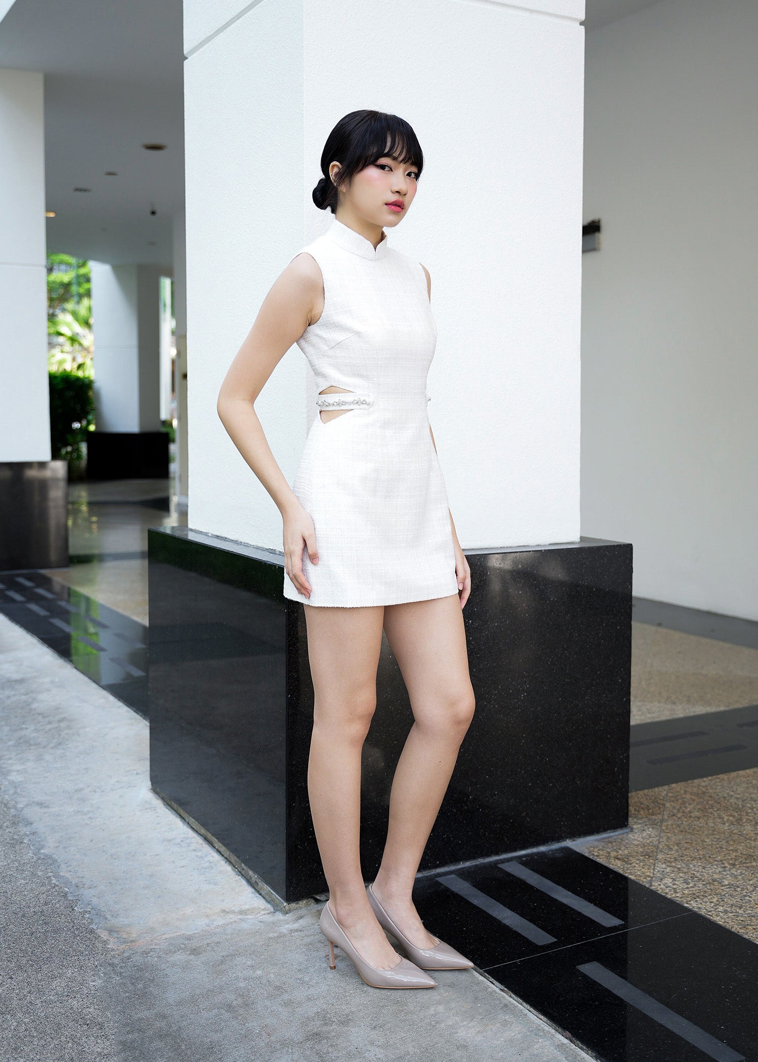 Gardenia Tweed Cut-out Mini Qipao (White) - RTW