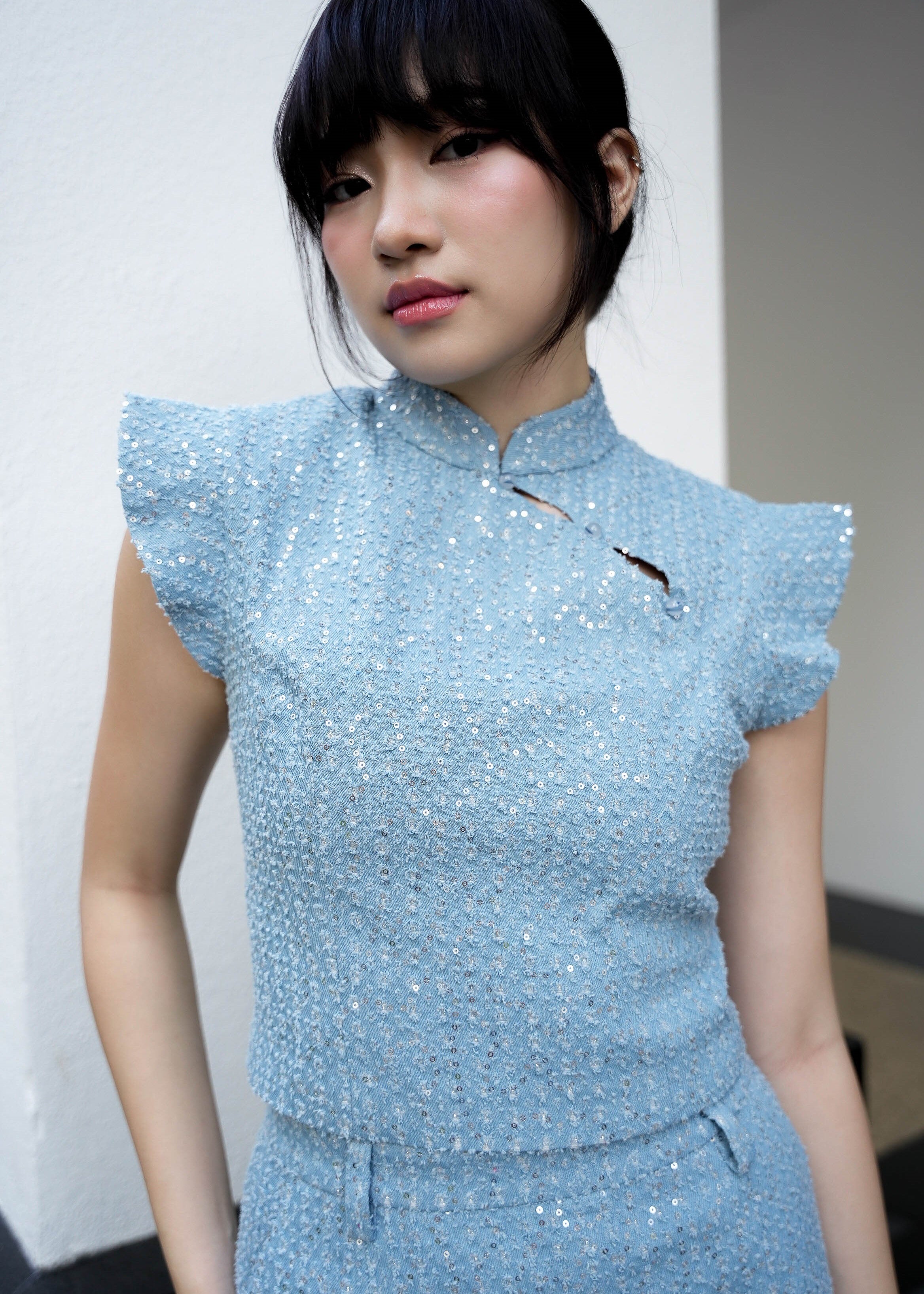 Flutter Sleeves Denim Qipao Top