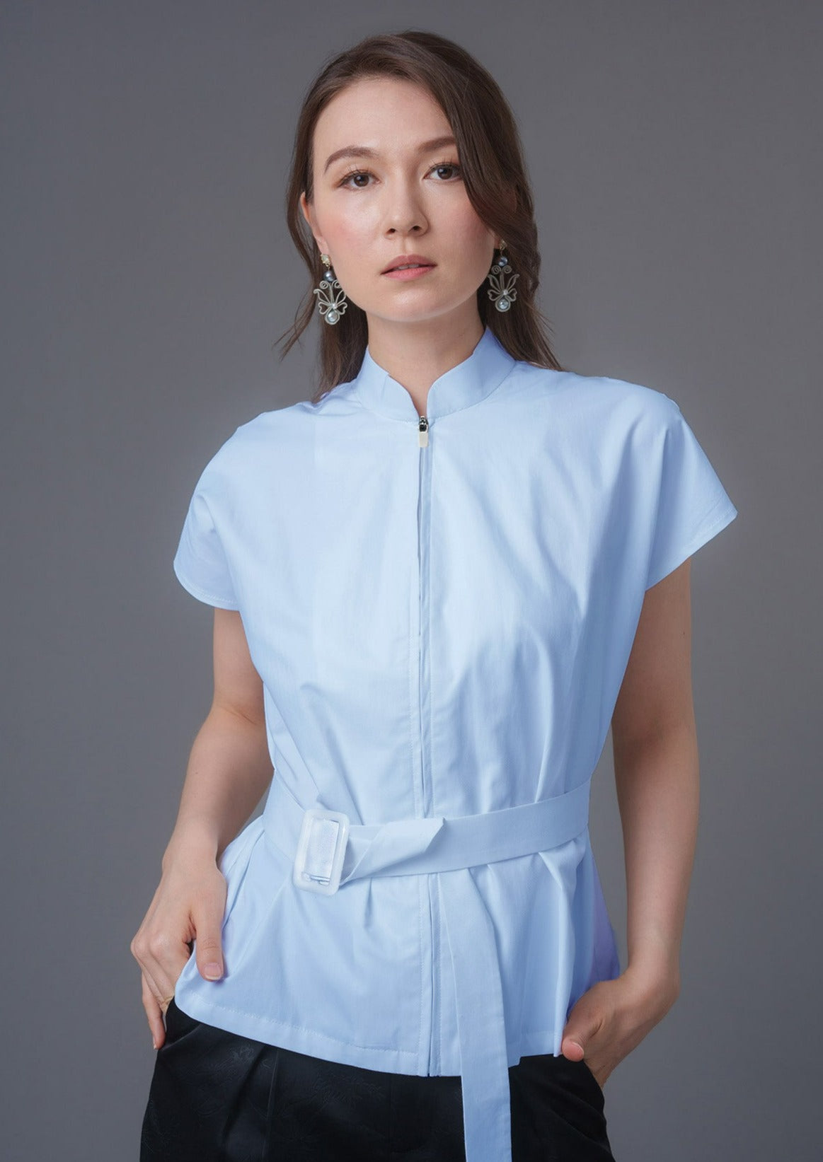 Extended Sleeves Mandarin Blouse (Light Blue)
