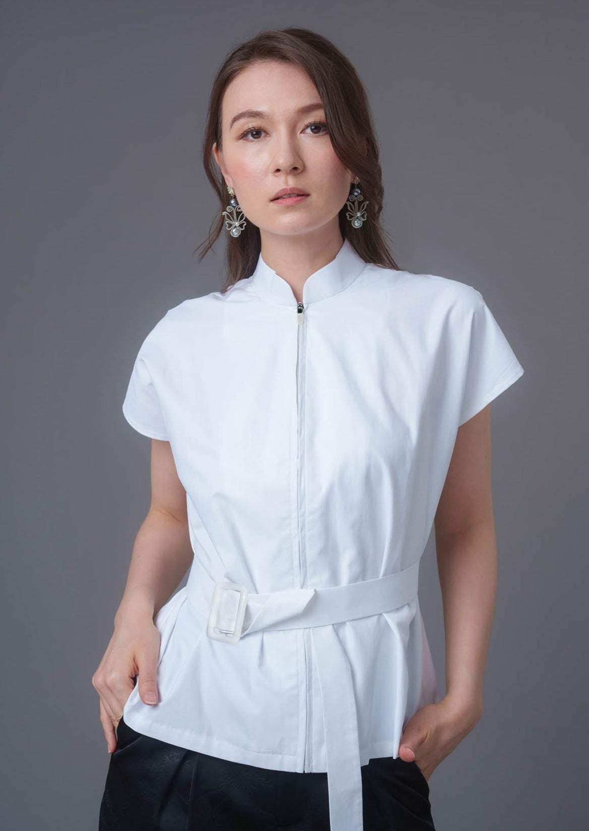 Extended Sleeves Mandarin Blouse (White)
